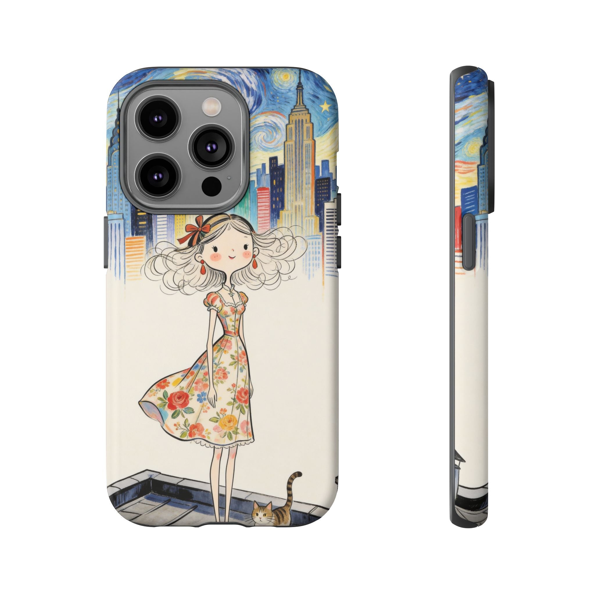 Artistic Girl Cityscape iPhone Case | Cute Floral Dress Rooftop Design