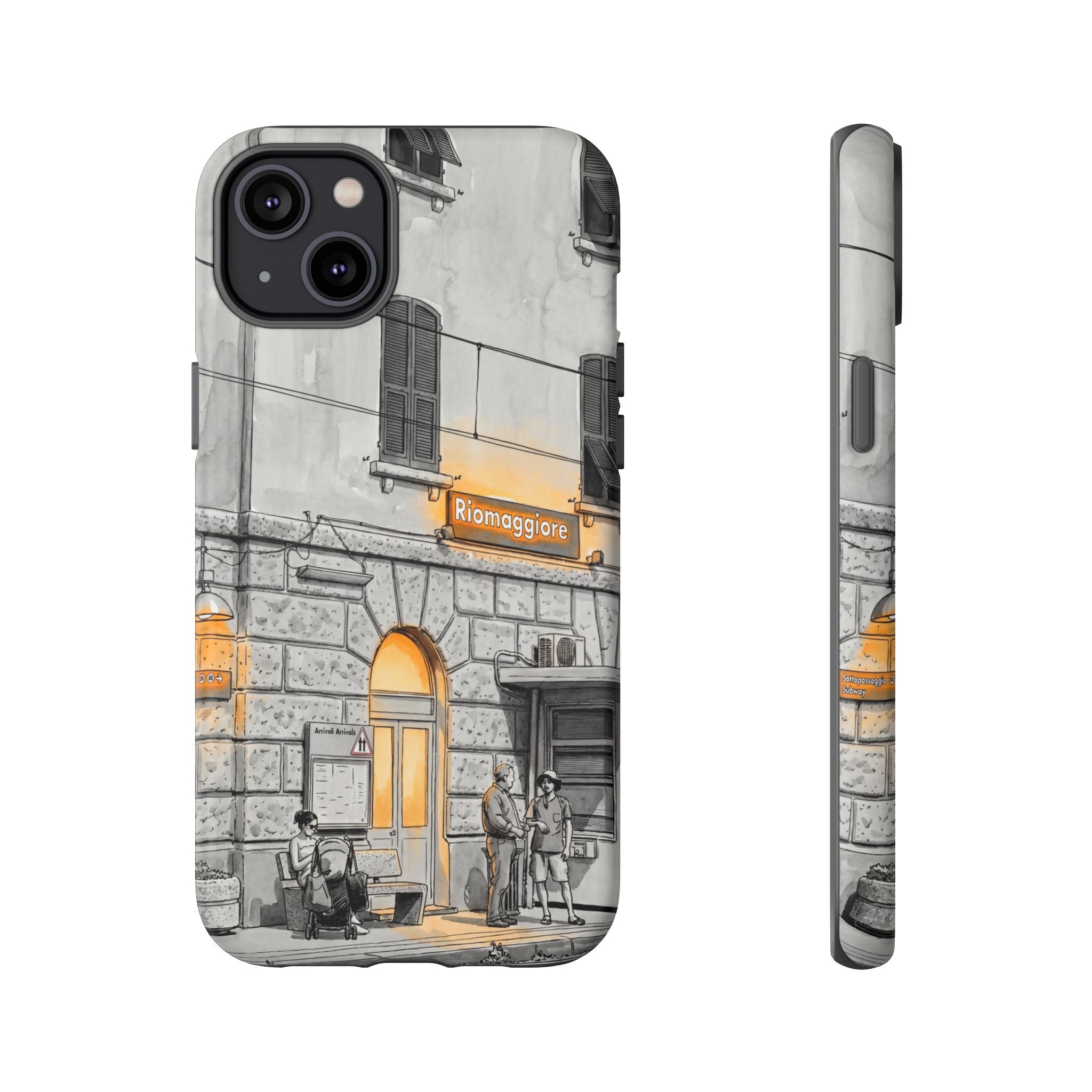 Cinque Terre Train Station iPhone Case | Black & White Sketch with Warm Yellow Accents