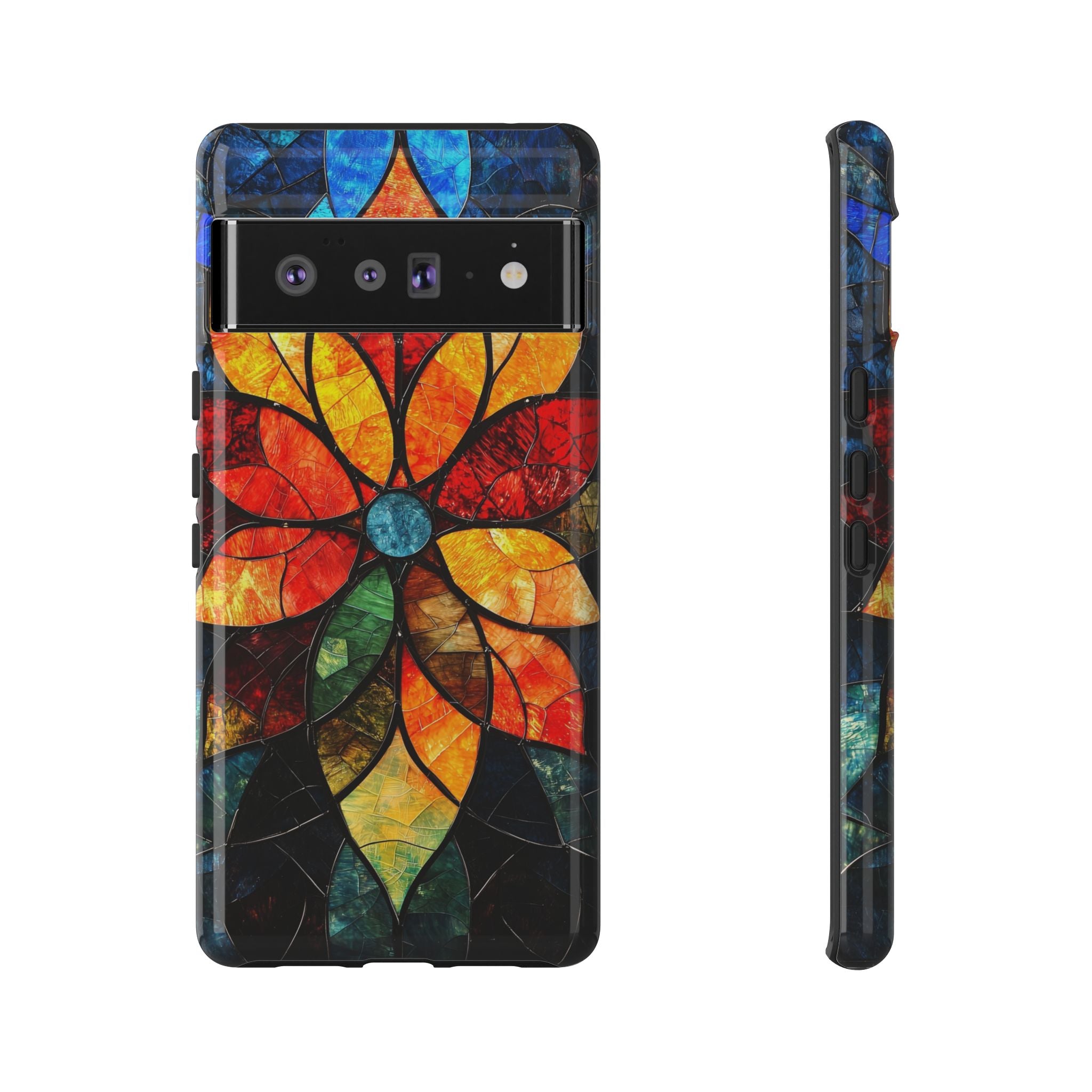 Stained Glass Flower Google Pixel Case — Colorful Mosaic Protective Cover