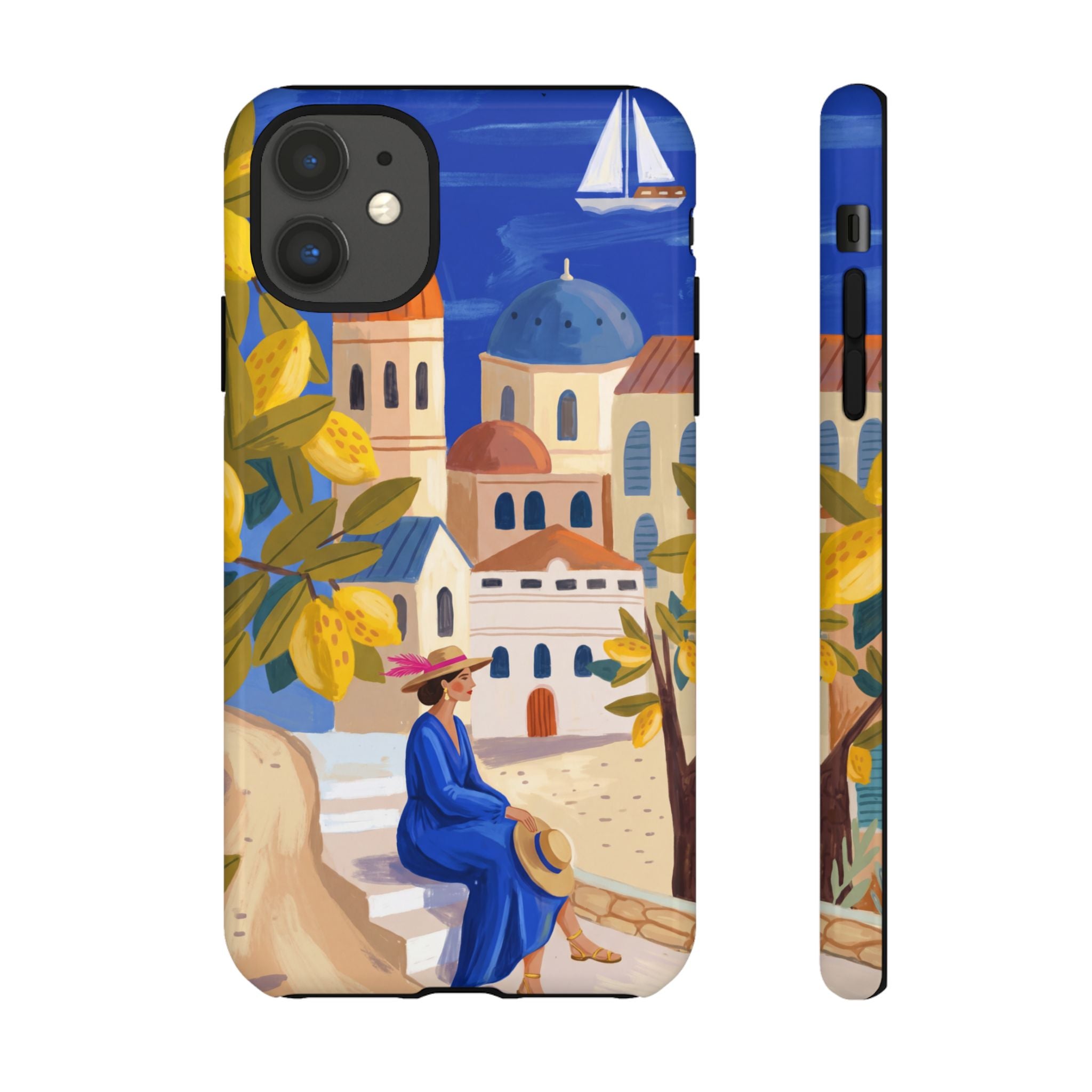 Mediterranean Village iPhone Case | Scenic Sailboat & Lemon Grove Design
