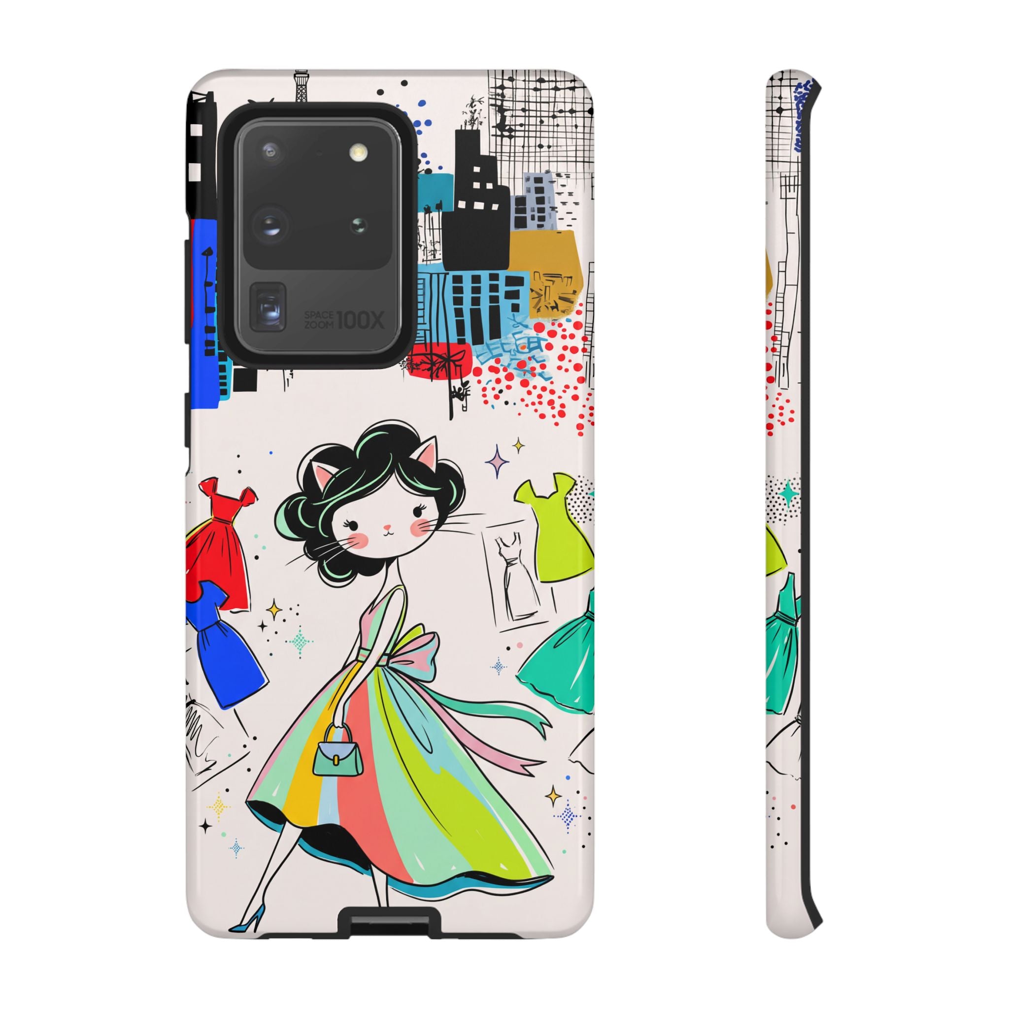 Retro Fashion Cat Girl Samsung Galaxy Phone Case | Cute Dress & City Print
