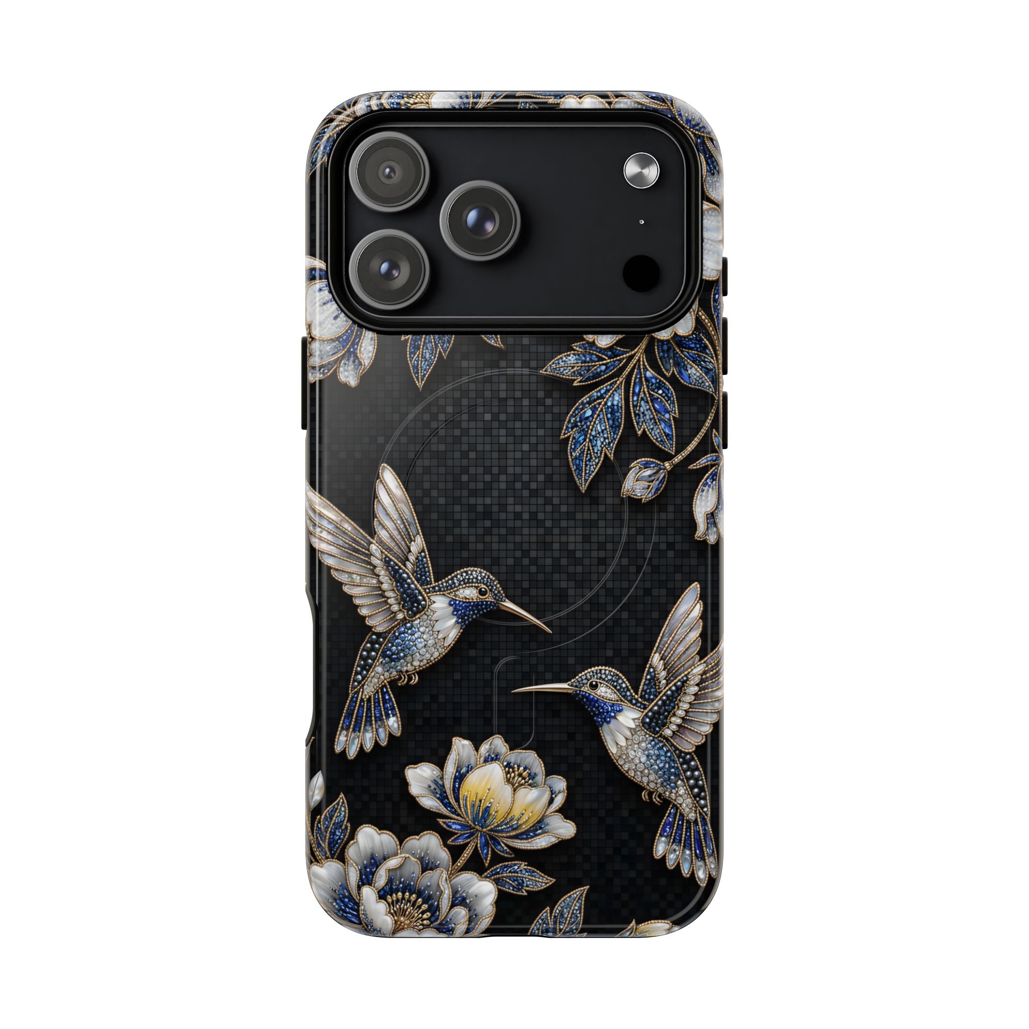 Hummingbird & Peony Floral MagSafe iPhone Case | Elegant Black Protective Cover