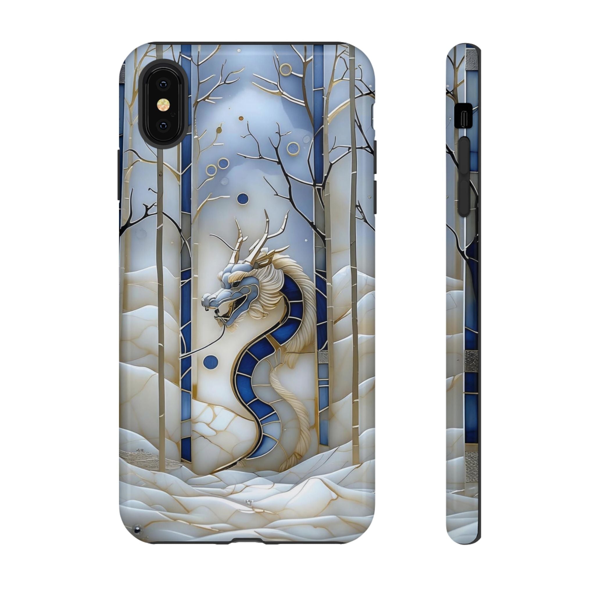 Dragon Stained Glass iPhone Case — Blue Winter Forest Protective Cover