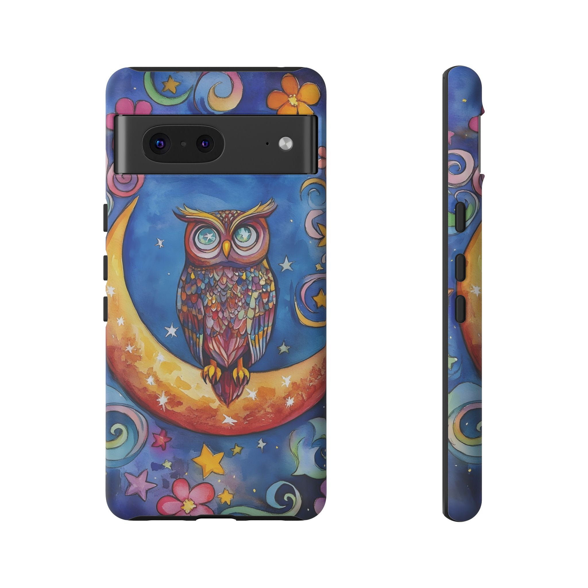 Owl on Crescent Moon Google Pixel Case — Colourful Whimsical Night Sky Design