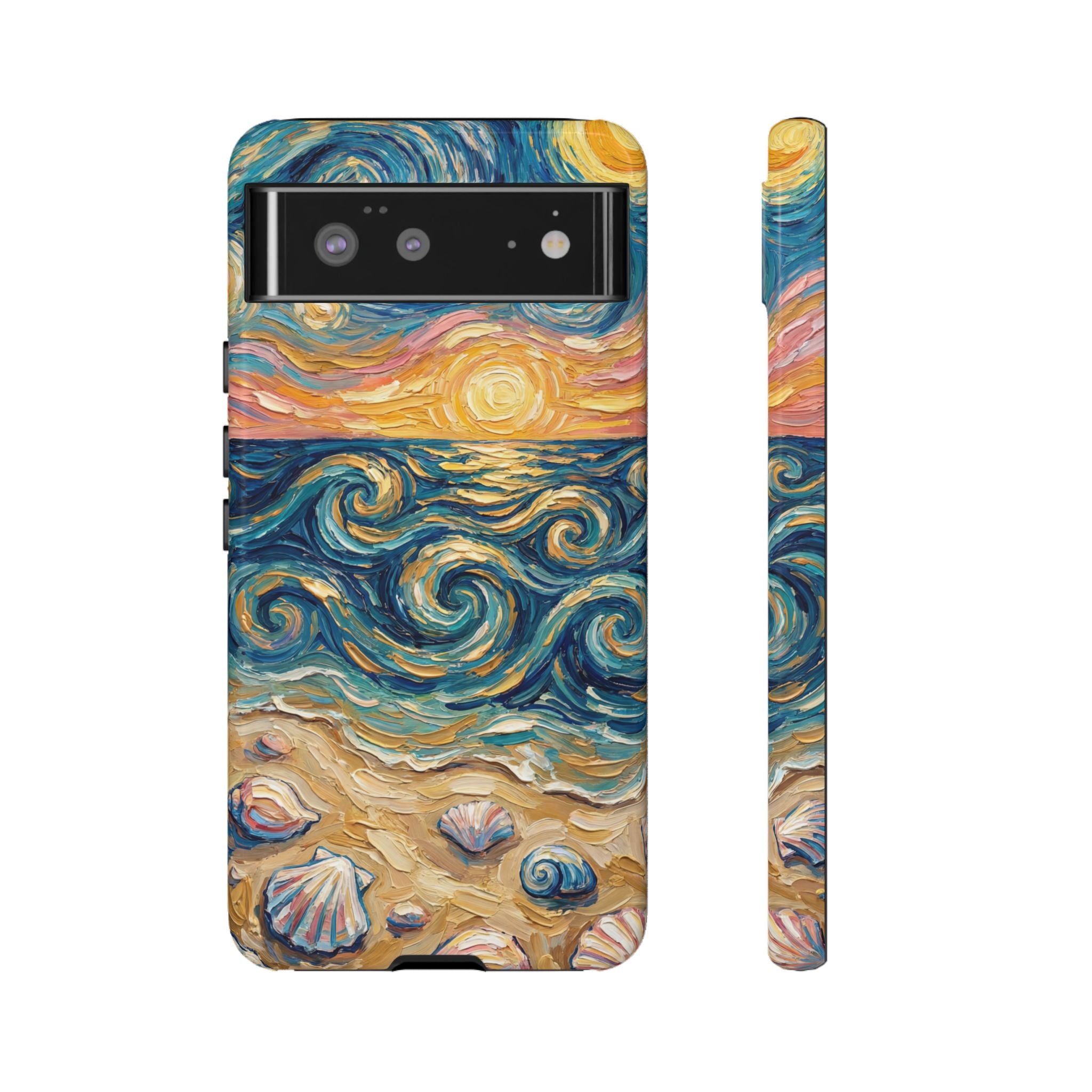 Sea Sunset Google Pixel Case — Van Gogh‑Style Beach Waves with Shells