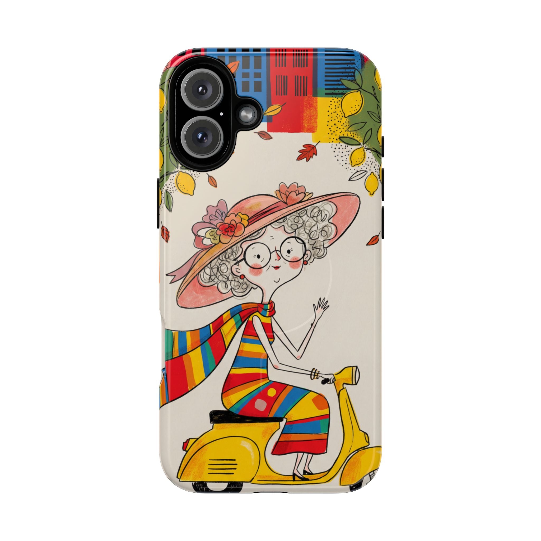 Vintage Scooter Granny MagSafe iPhone Case | Colourful Retro Elderly Lady Design