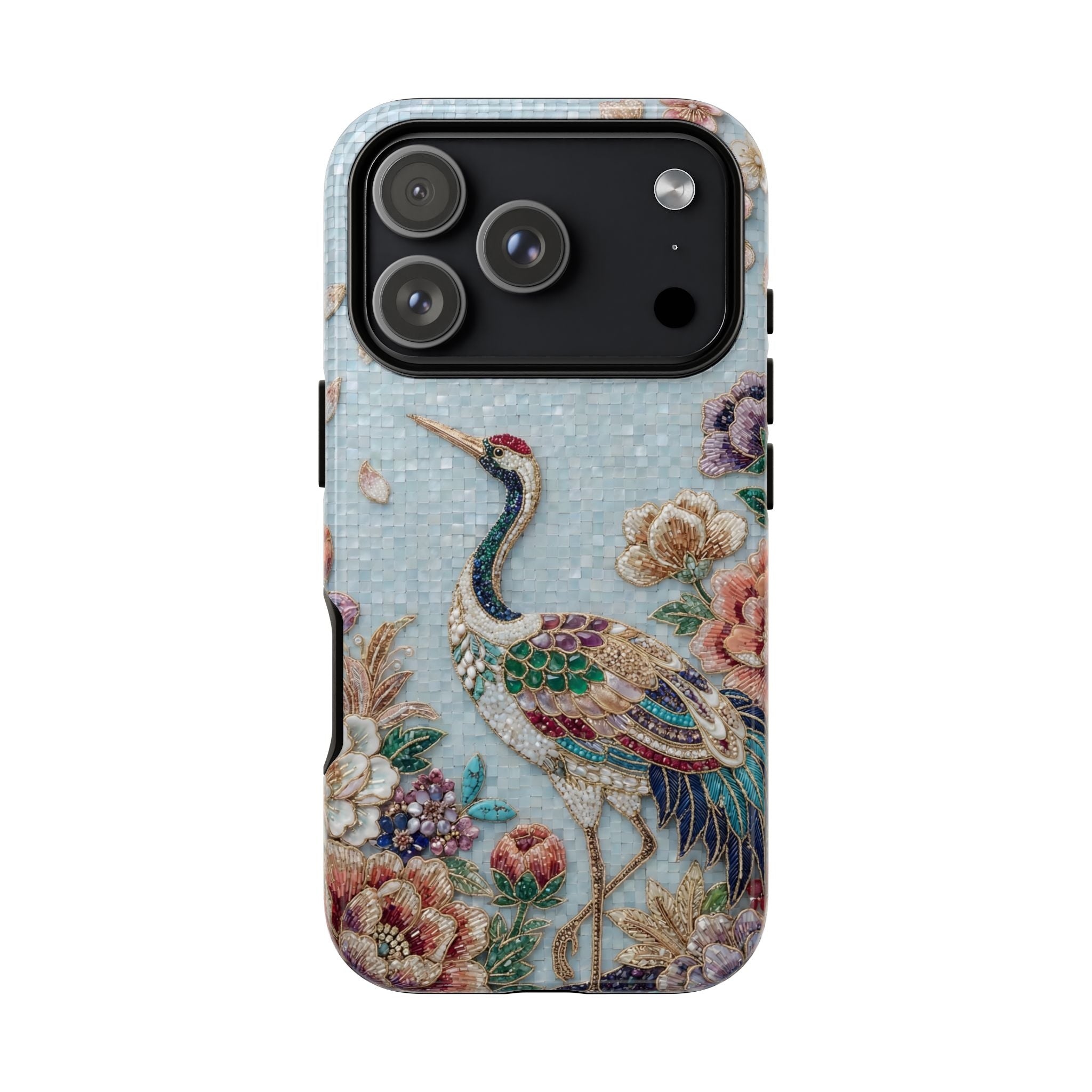 Floral Crane Tough iPhone Case | Vintage Embroidered Bird Protection