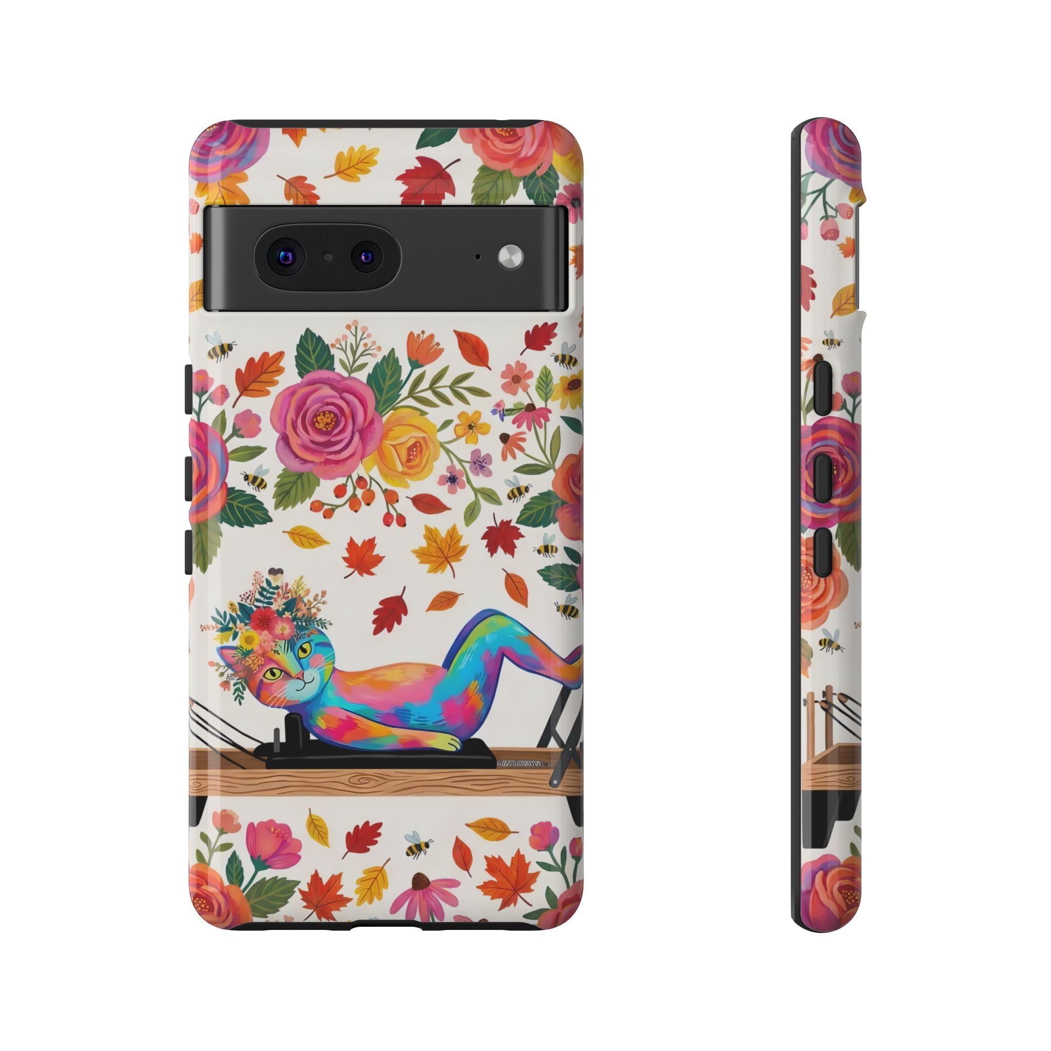 Autumn Floral Pilates Google Pixel Phone Case | Colorful Rainbow Pilates Cat on Falling Leaves