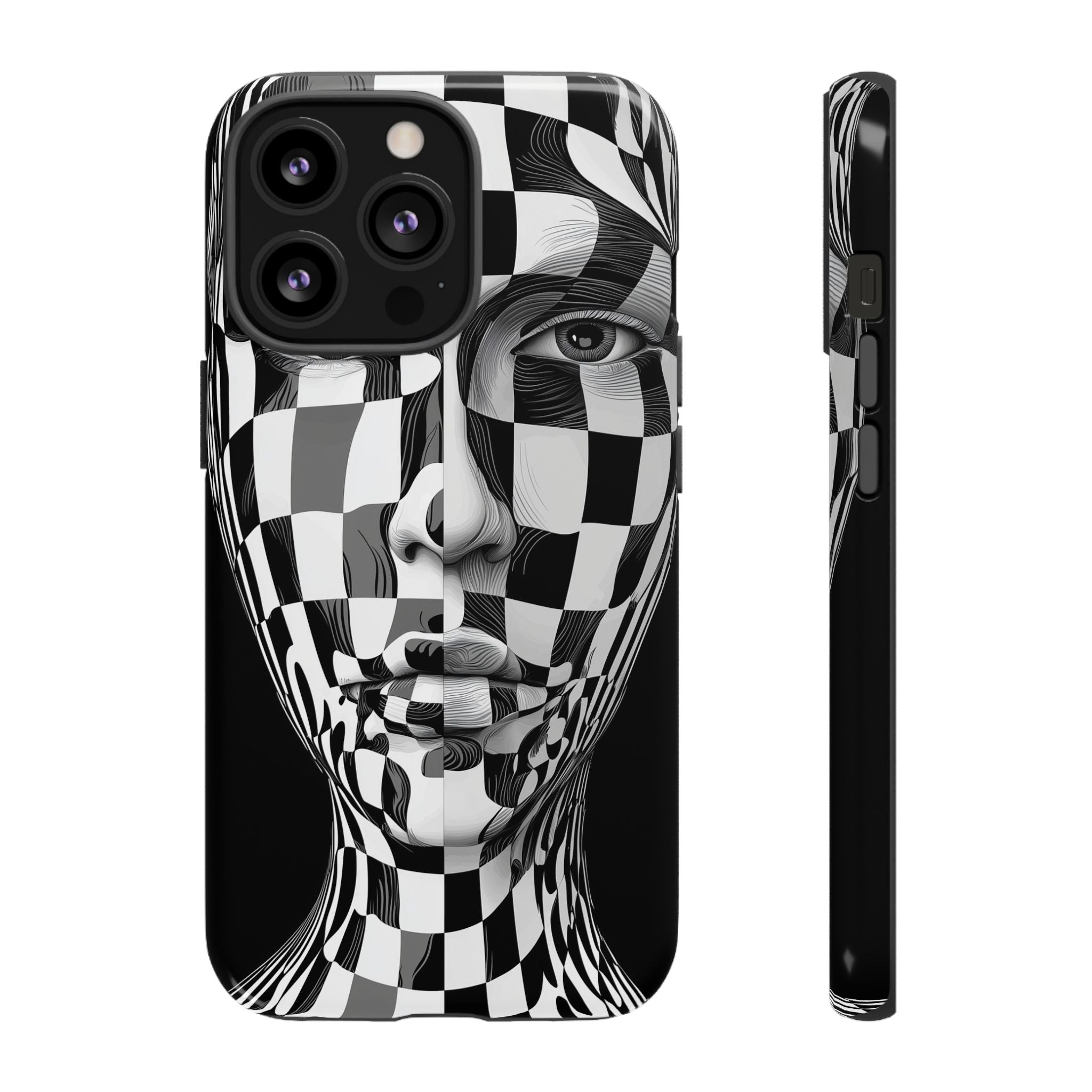 Checkerboard Face Tough iPhone Case — Black & White Surreal Art Protective Cover
