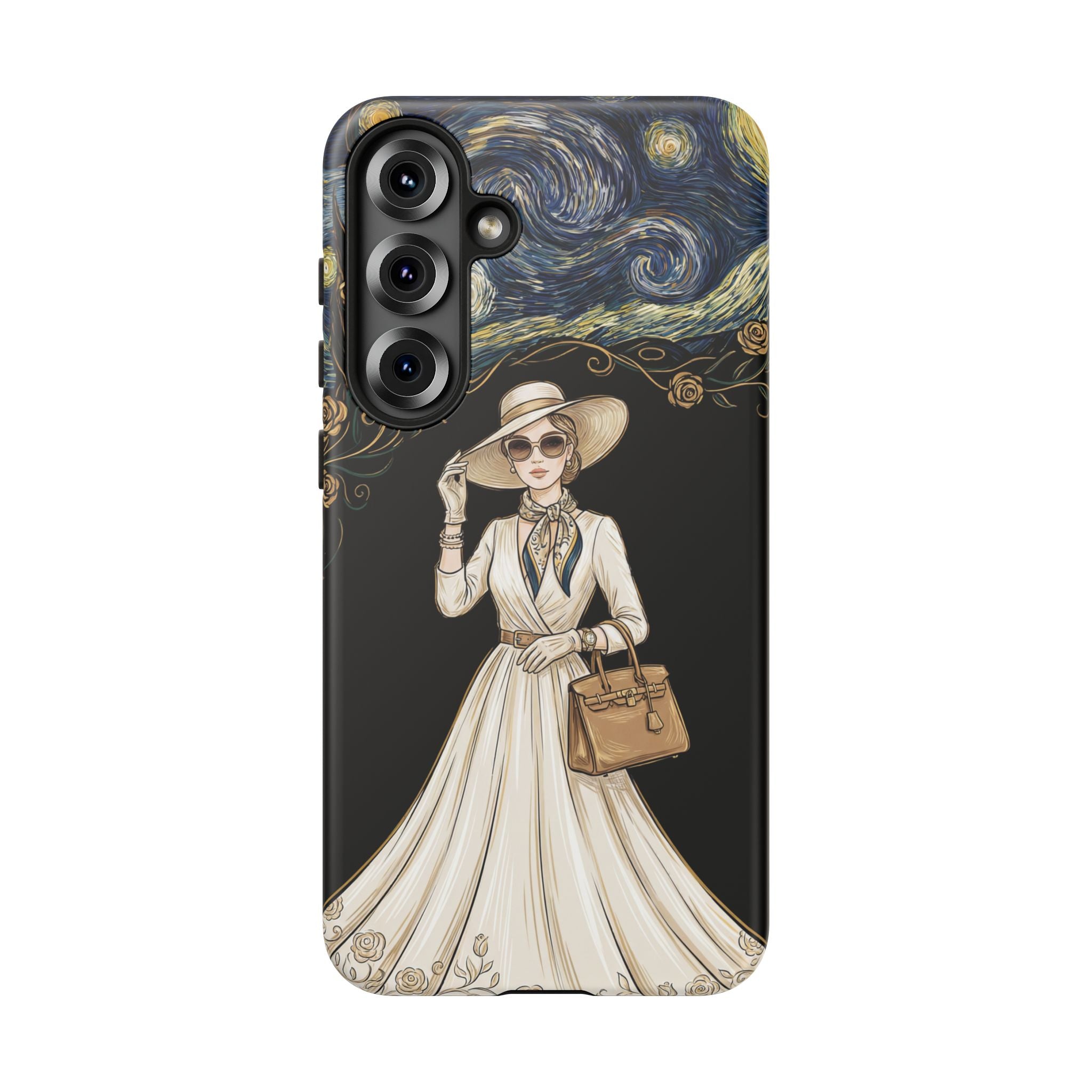 Vintage Starry Night Fashion Samsung Galaxy Phone Case | Elegant Lady in White Dress