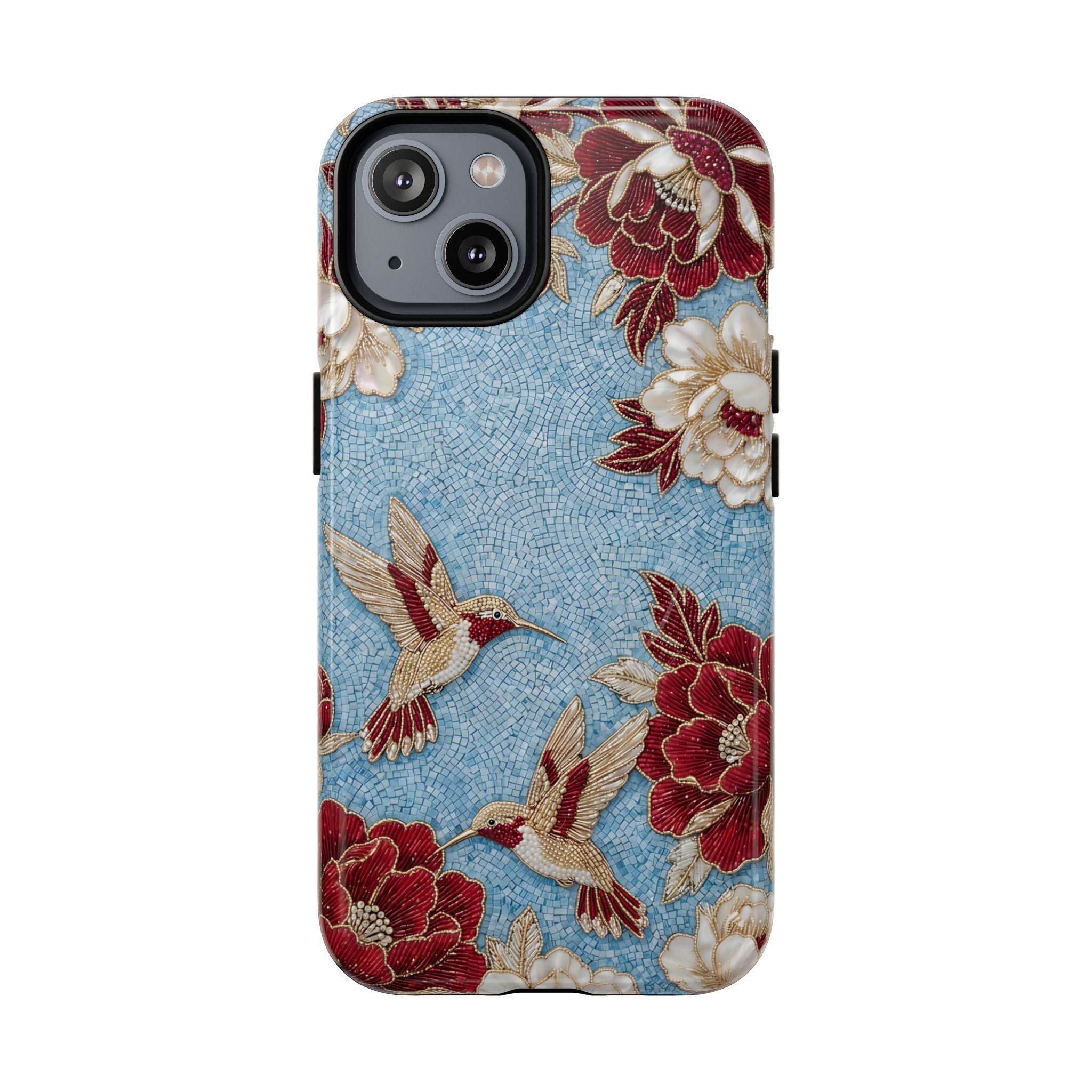 Floral Hummingbird Tough MagSafe iPhone Case | Vintage Blue & Burgundy Botanical Design