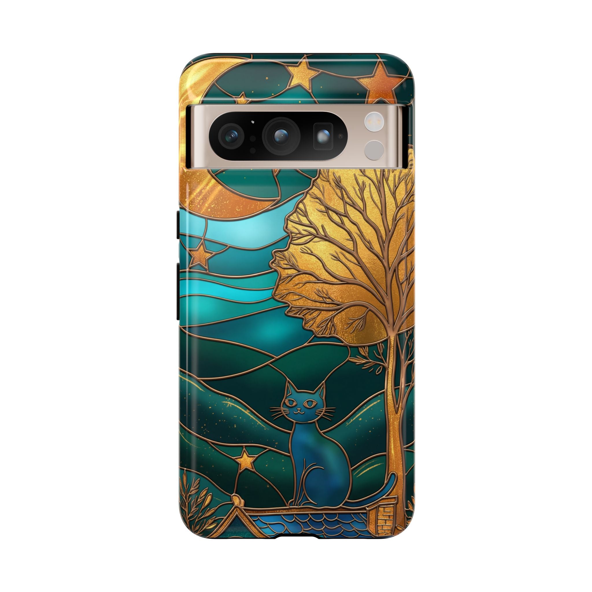 Stained Glass Night Cat Google Pixel Case | Teal & Gold Art Deco Protection