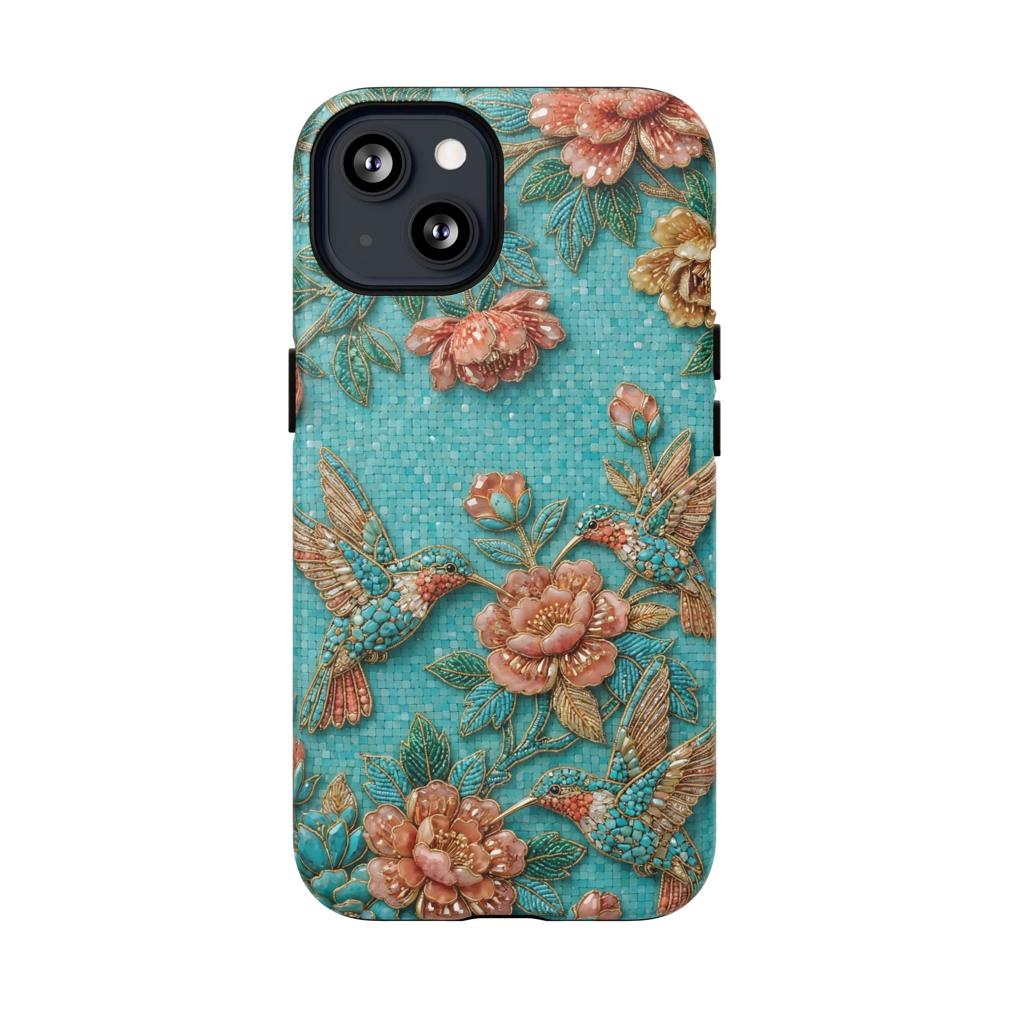 Floral Hummingbird Tough MagSafe iPhone Case | Turquoise Embroidered Garden Design