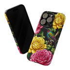 Cover iPhone Robusta Colibrì Floreale | Protezione Vibrante da Giardino Rosa e Giallo