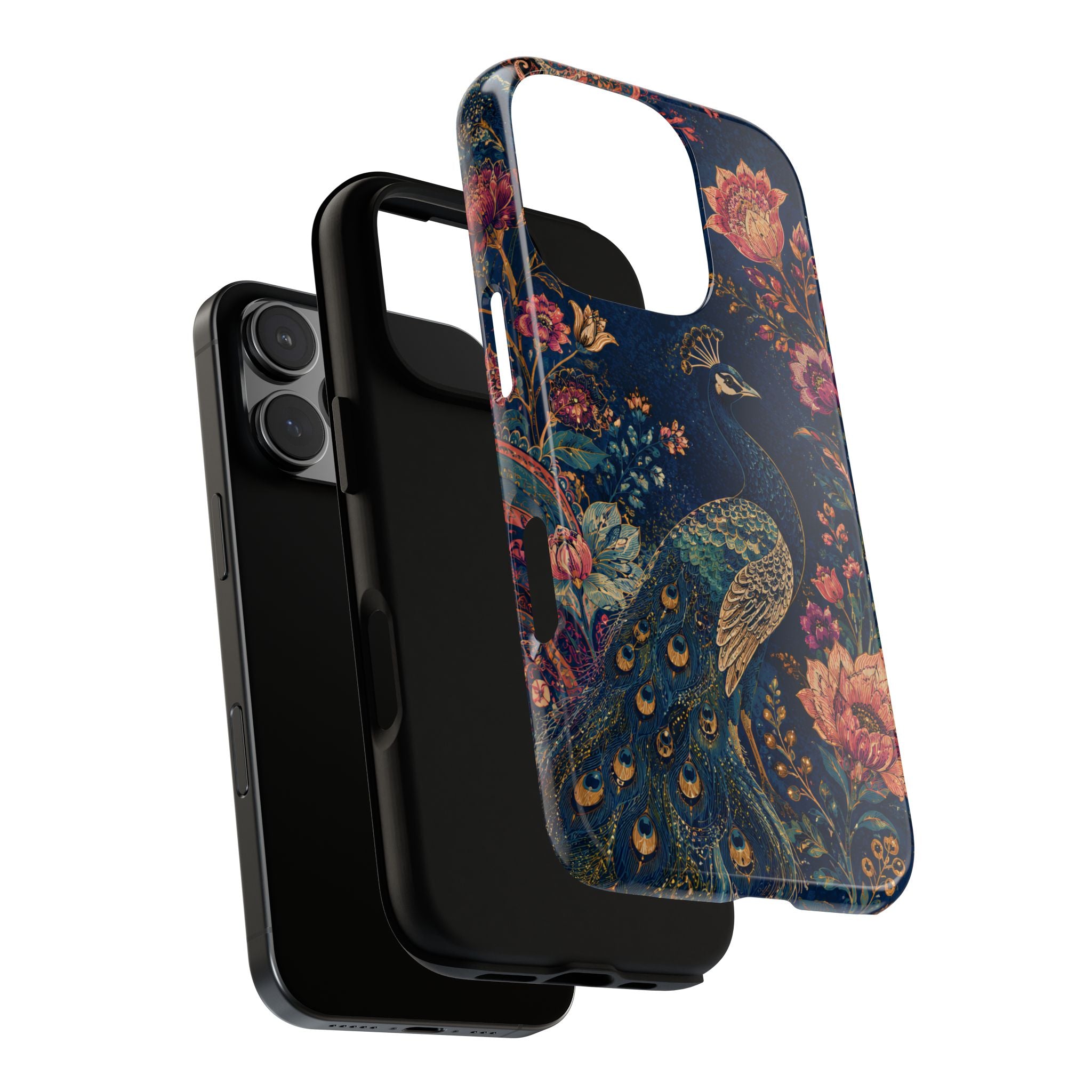Peacock Floral Tough iPhone Case | Antique Indigo Gold Art Cover