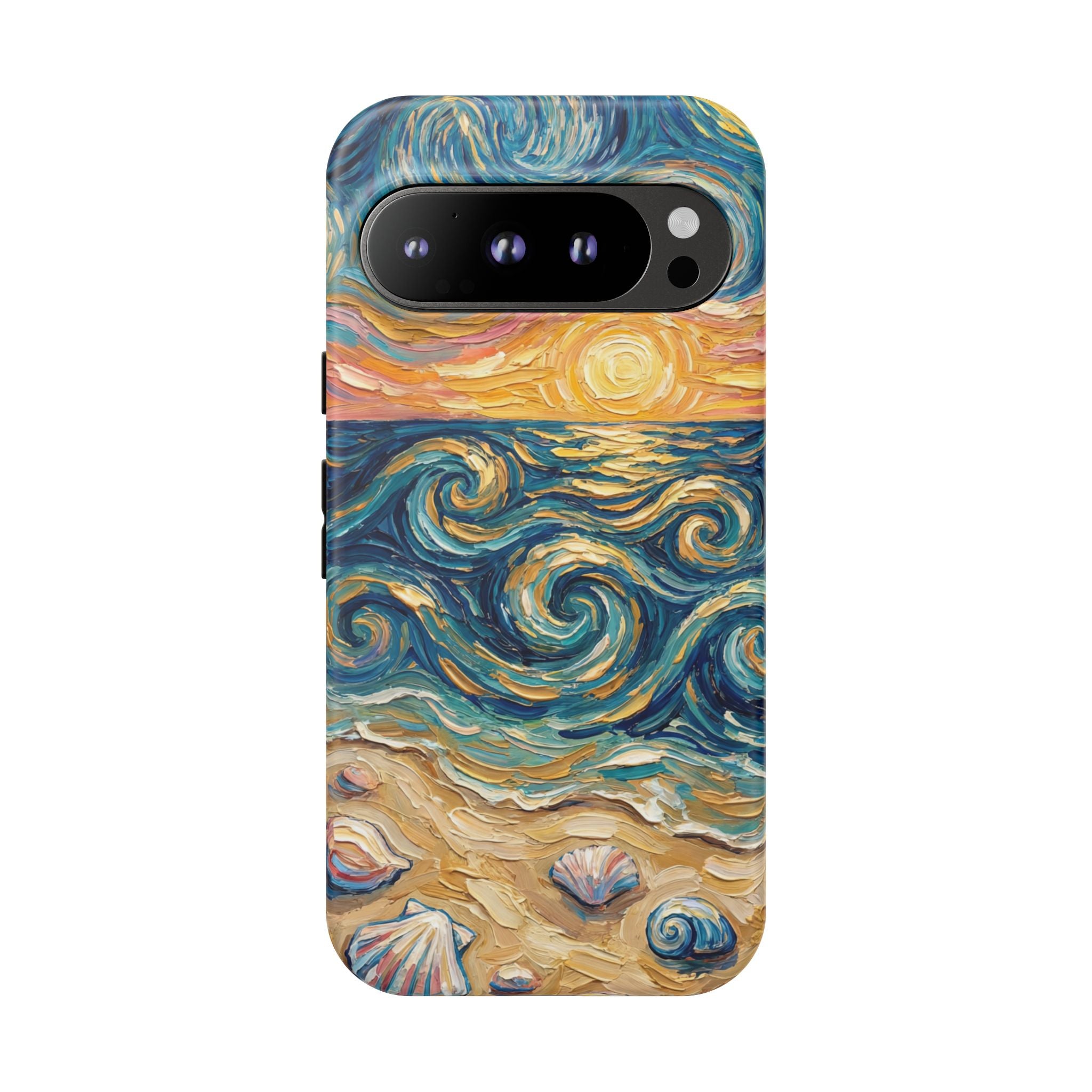 Sea Sunset Google Pixel Case — Van Gogh‑Style Beach Waves with Shells