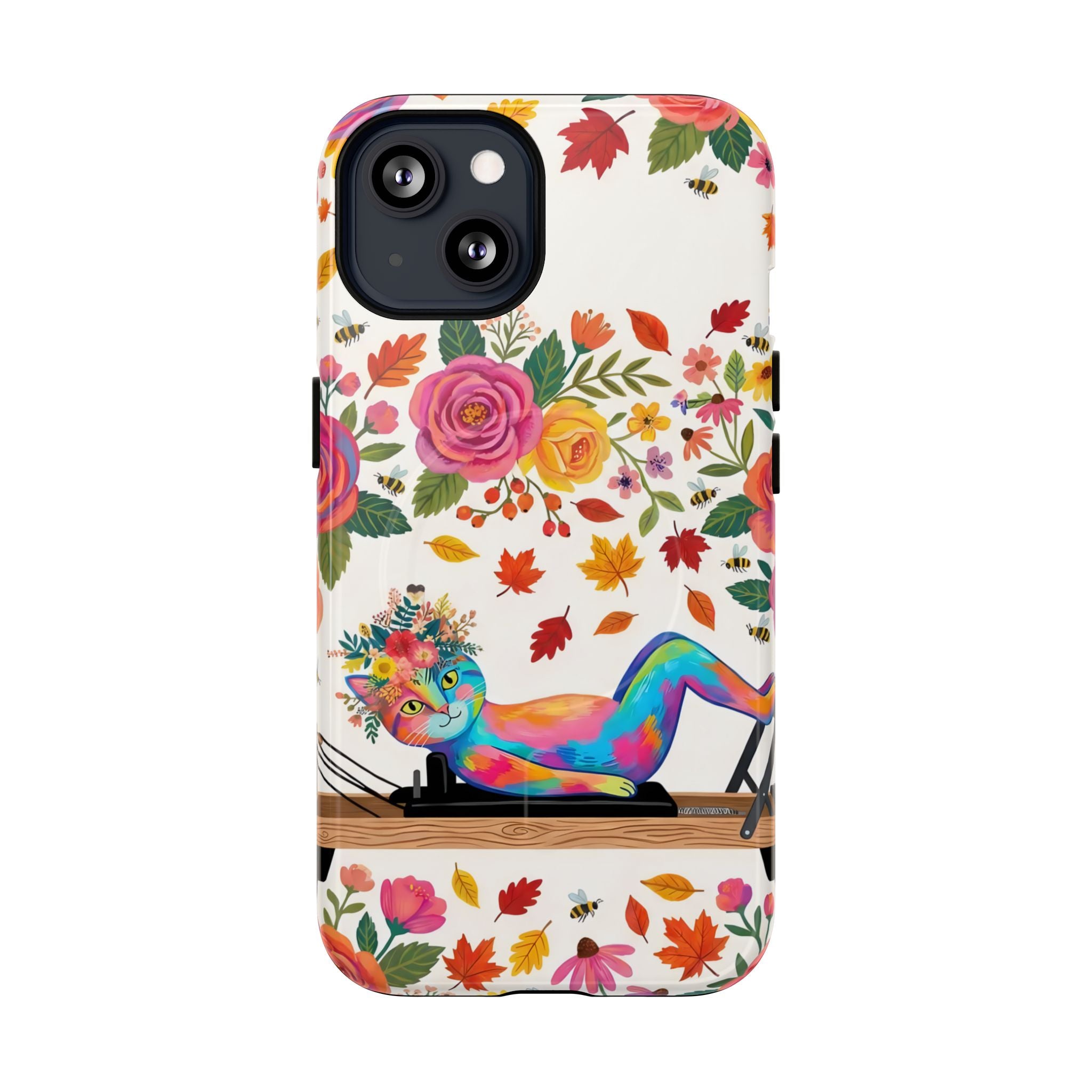 Autumn Floral Pilates MagSafe iPhone Case | Colorful Rainbow Pilates Cat on Falling Leaves