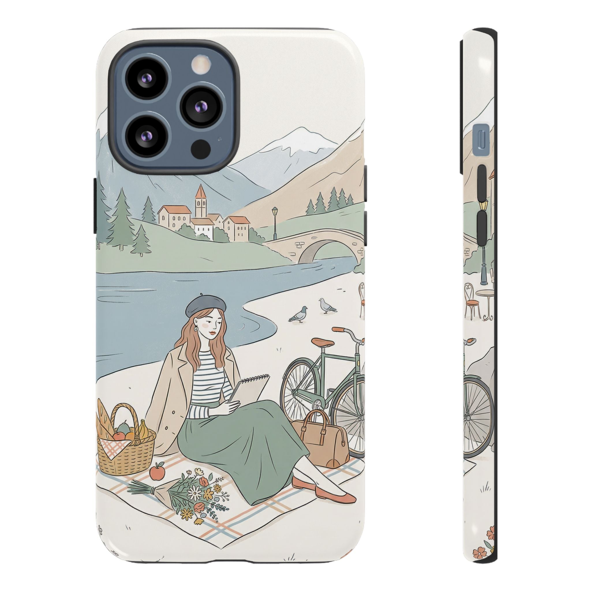 Scenic Picnic iPhone Case | Vintage Bicycle & Mountain Illustration