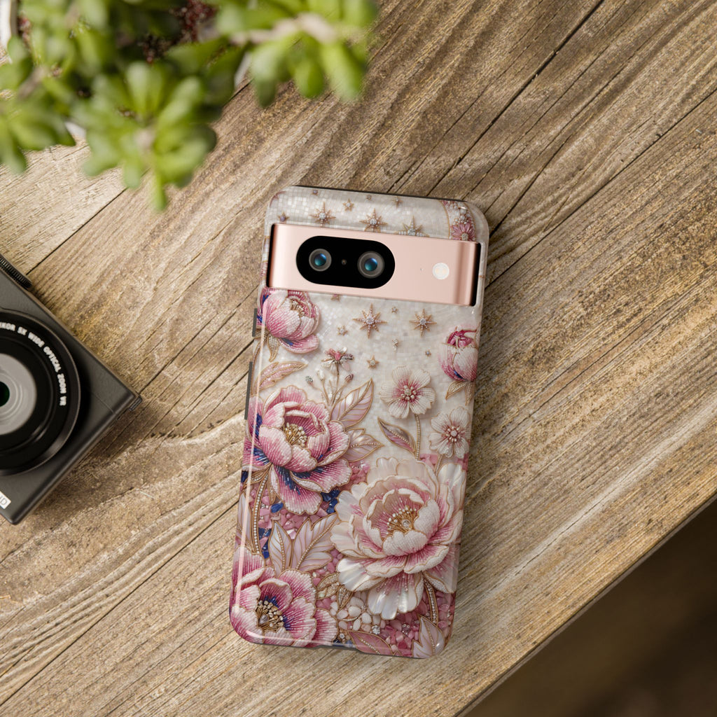 Custodia per telefono Google Pixel "Floral Moon Tough" | Cover protettiva in Peonia Rosa Vintage