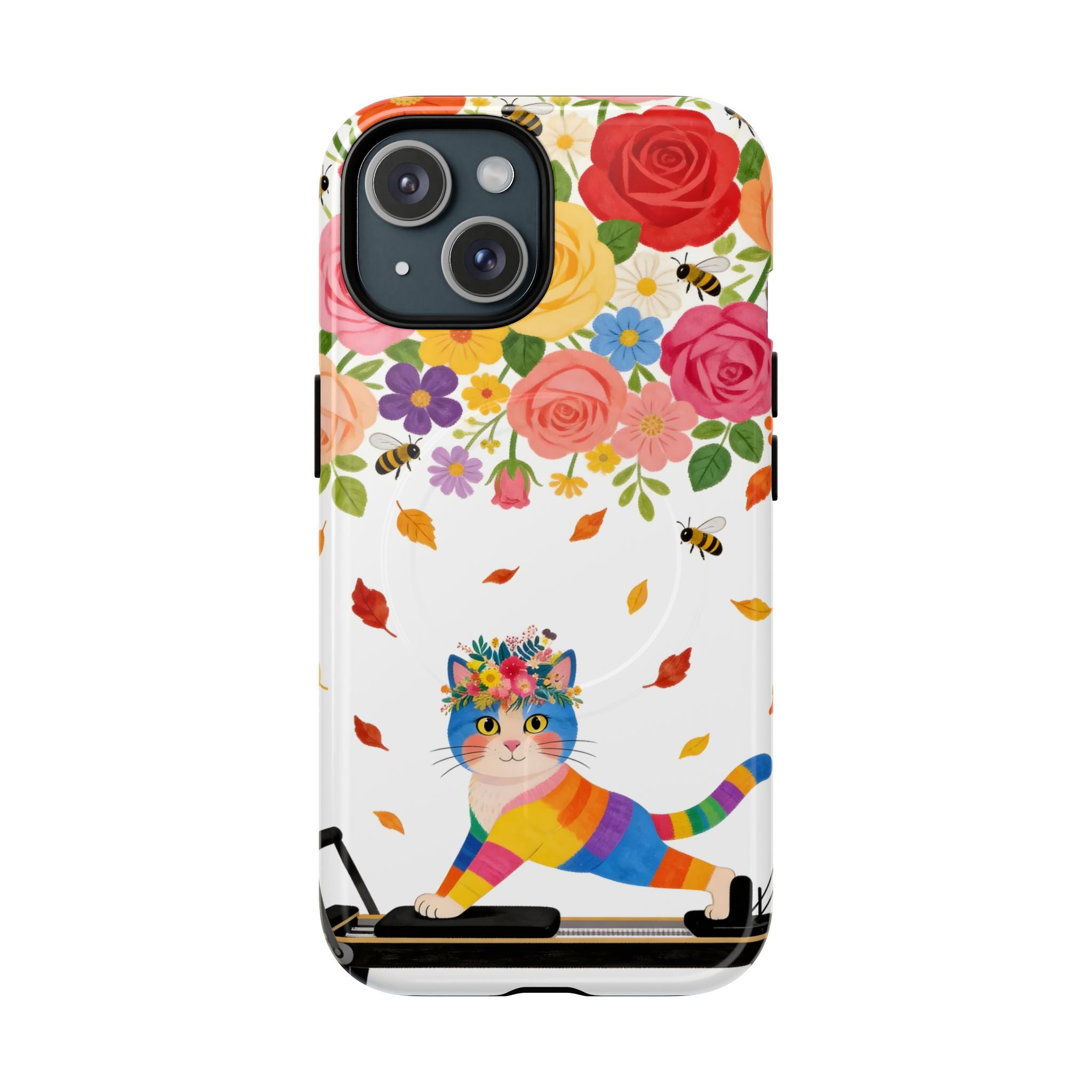 Floral Rainbow Cat Tough MagSafe iPhone Case — Colorful Pilates Cat Design
