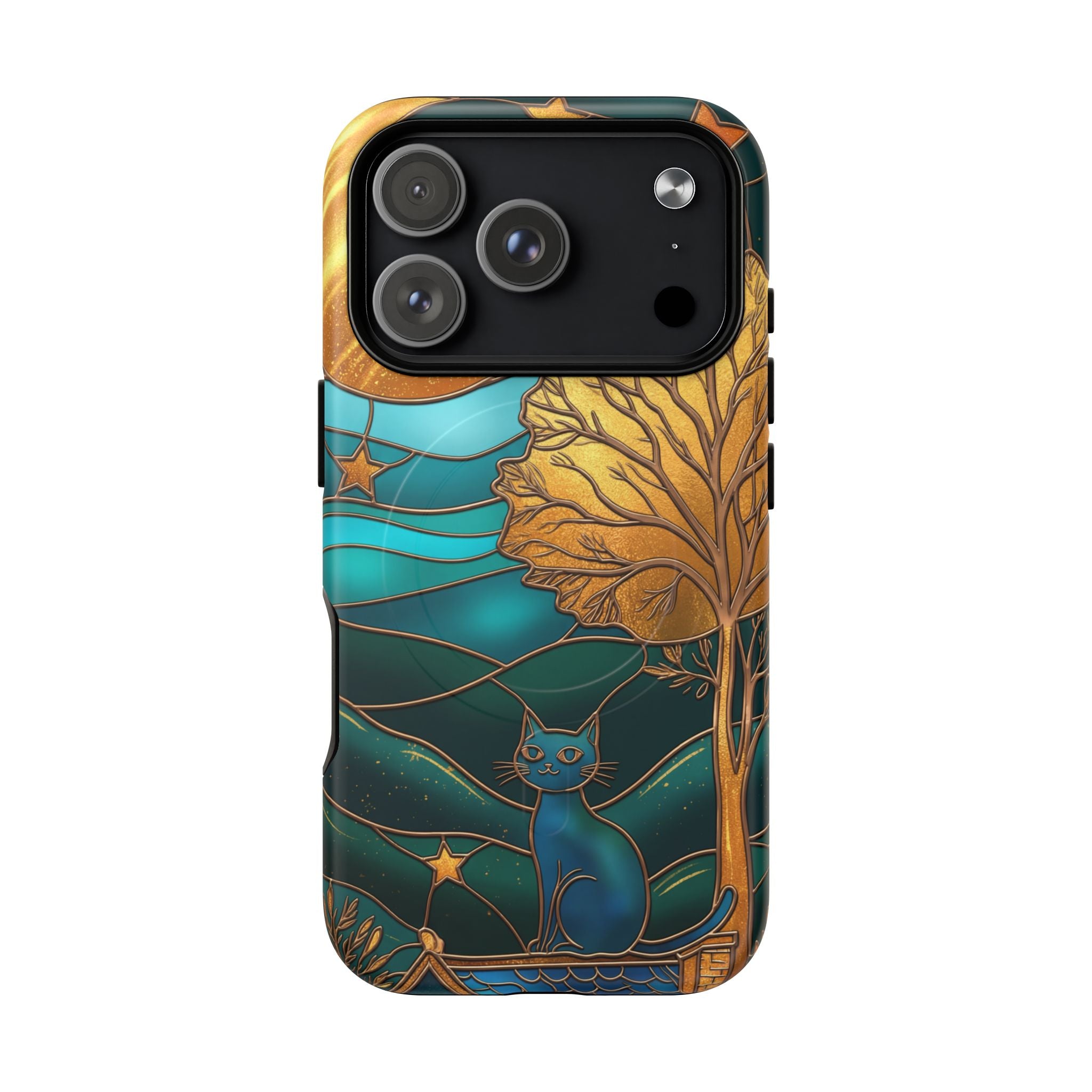 Art Nouveau Cat iPhone Case | Stained Glass Moon & Tree Tough MagSafe Case