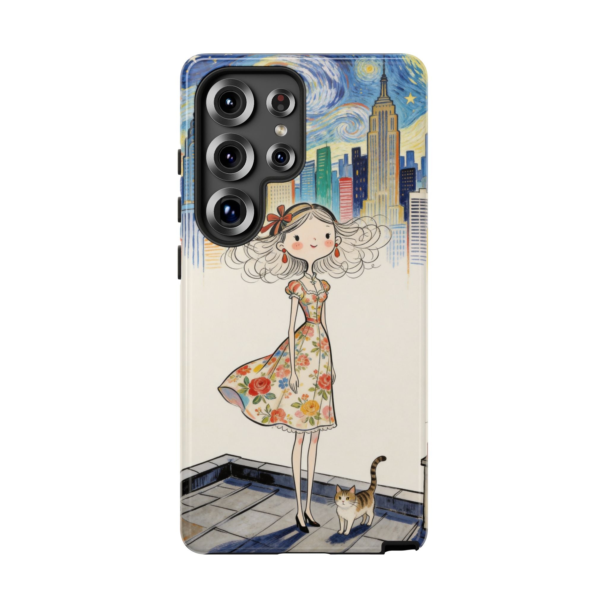 Artistic Girl Cityscape Samsung Galaxy Phone Case | Cute Floral Dress Rooftop Design