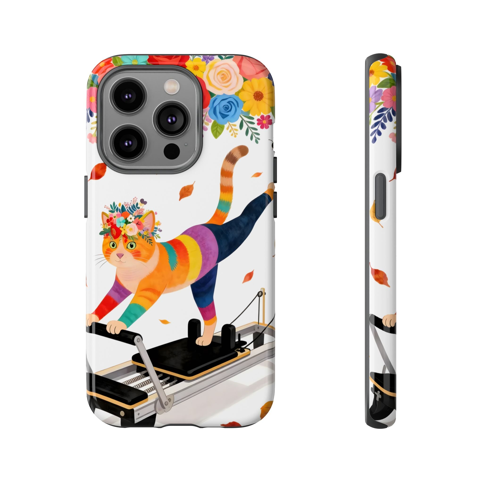 Cat Pilates iPhone Case | Floral Rainbow Cat on Reformer