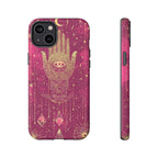 Mystic Hamsa iPhone Case | Gold Palm & All-Seeing Eye on Magenta Galaxy