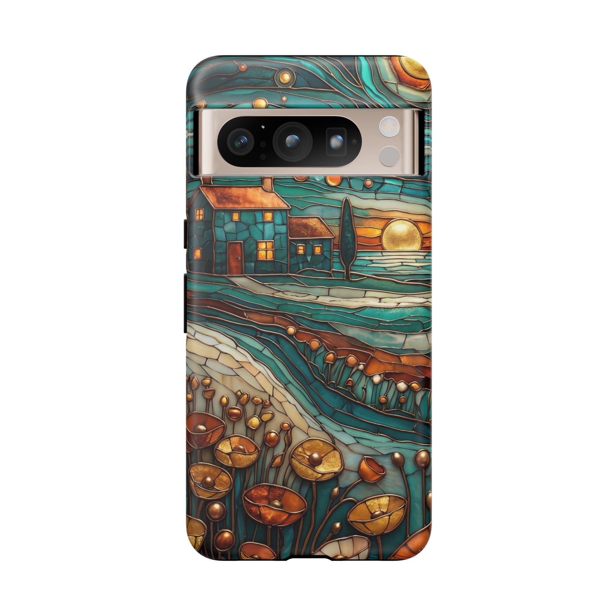 Artistic Sunset Cottage Google Pixel Case | Whimsical Floral Landscape Protective Cover