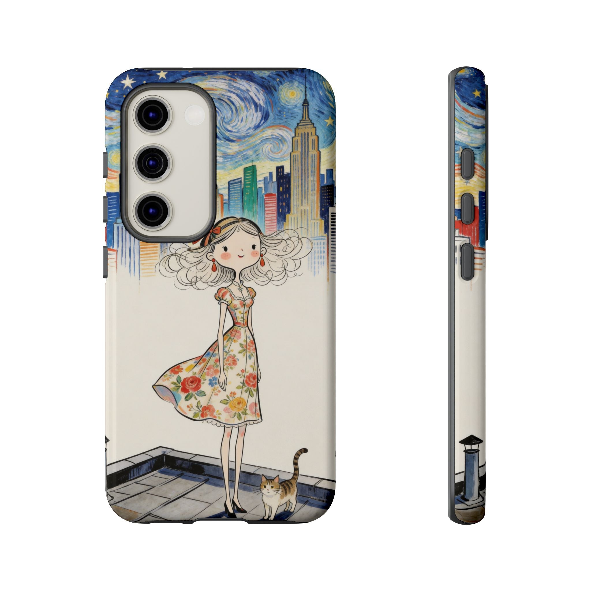Artistic Girl Cityscape Samsung Galaxy Phone Case | Cute Floral Dress Rooftop Design