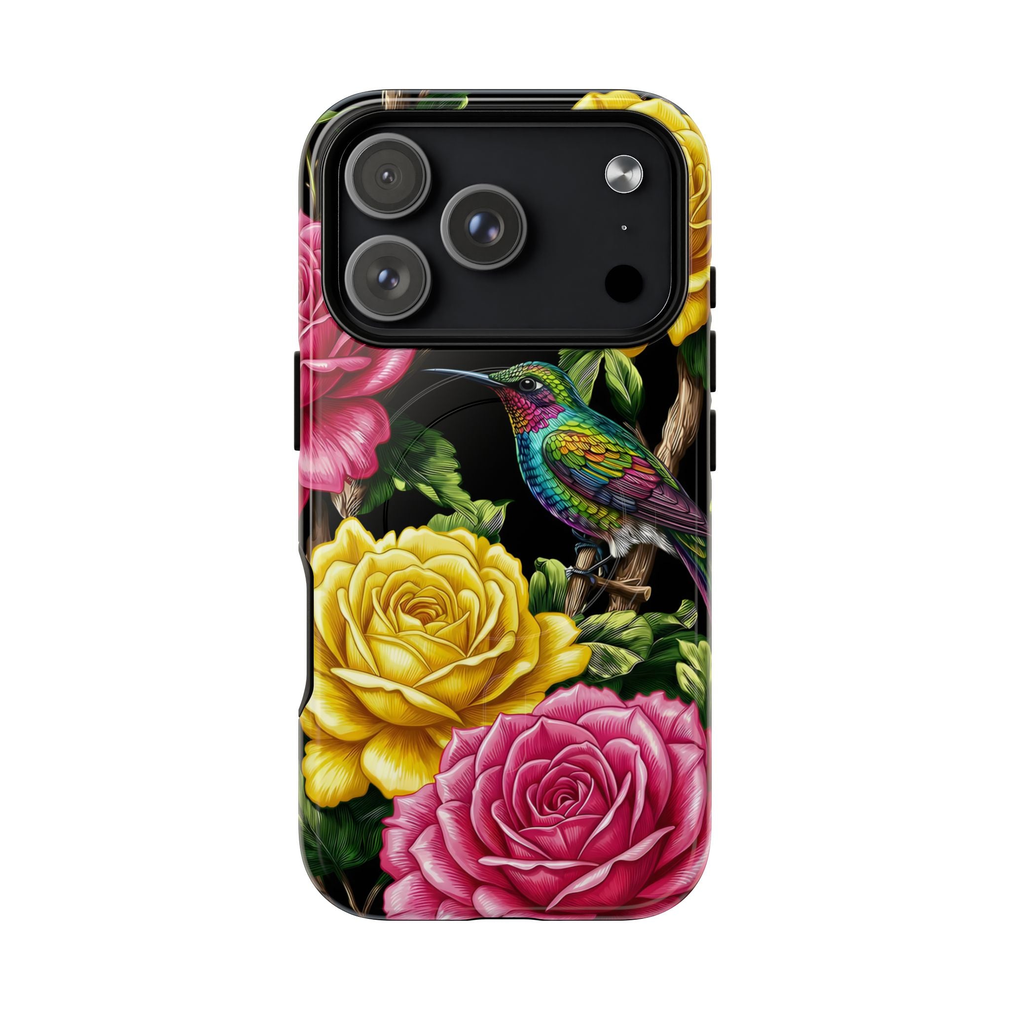 Floral Hummingbird Tough MagSafe iPhone Case | Vibrant Rose & Yellow Garden Protection
