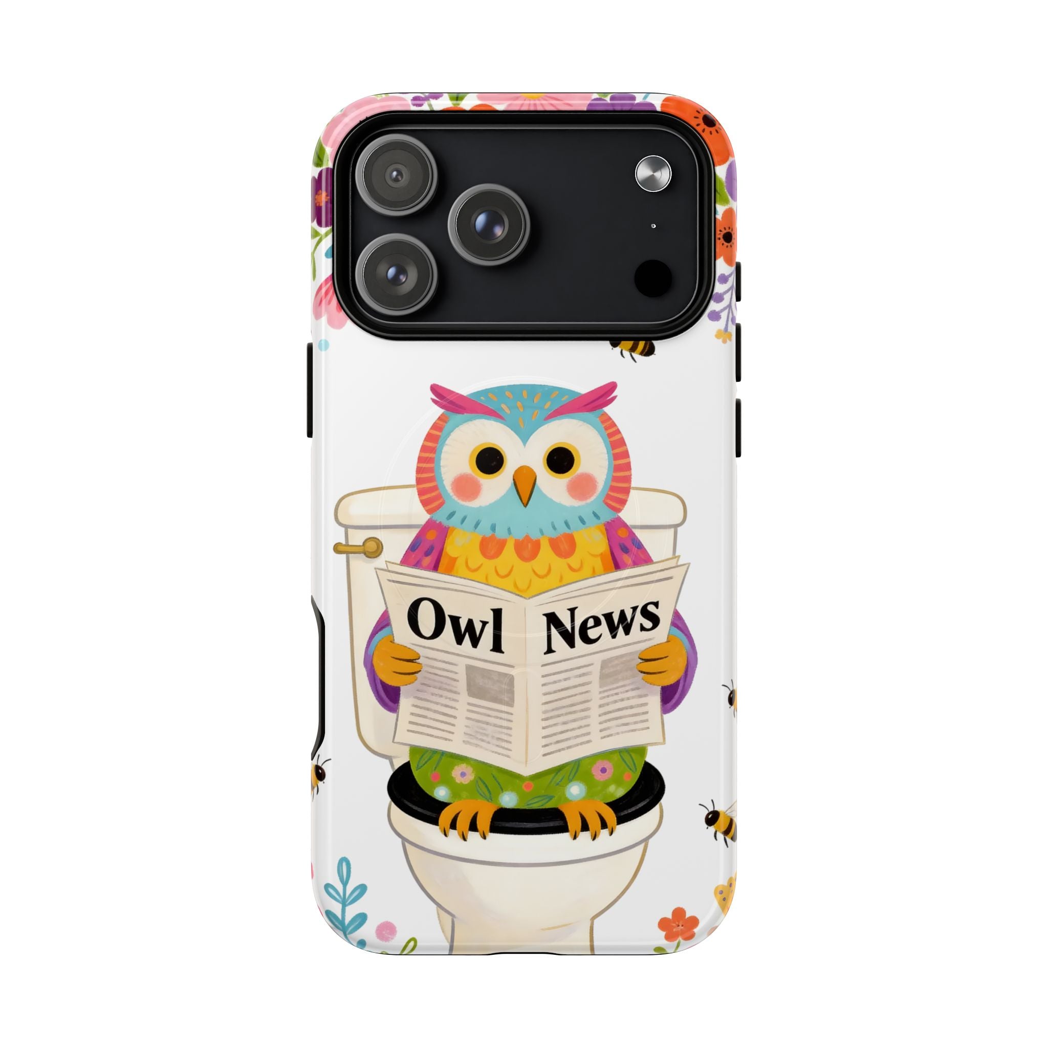 Owl News Floral MagSafe iPhone Case | Cute Owl Reading Newspaper on Toilet