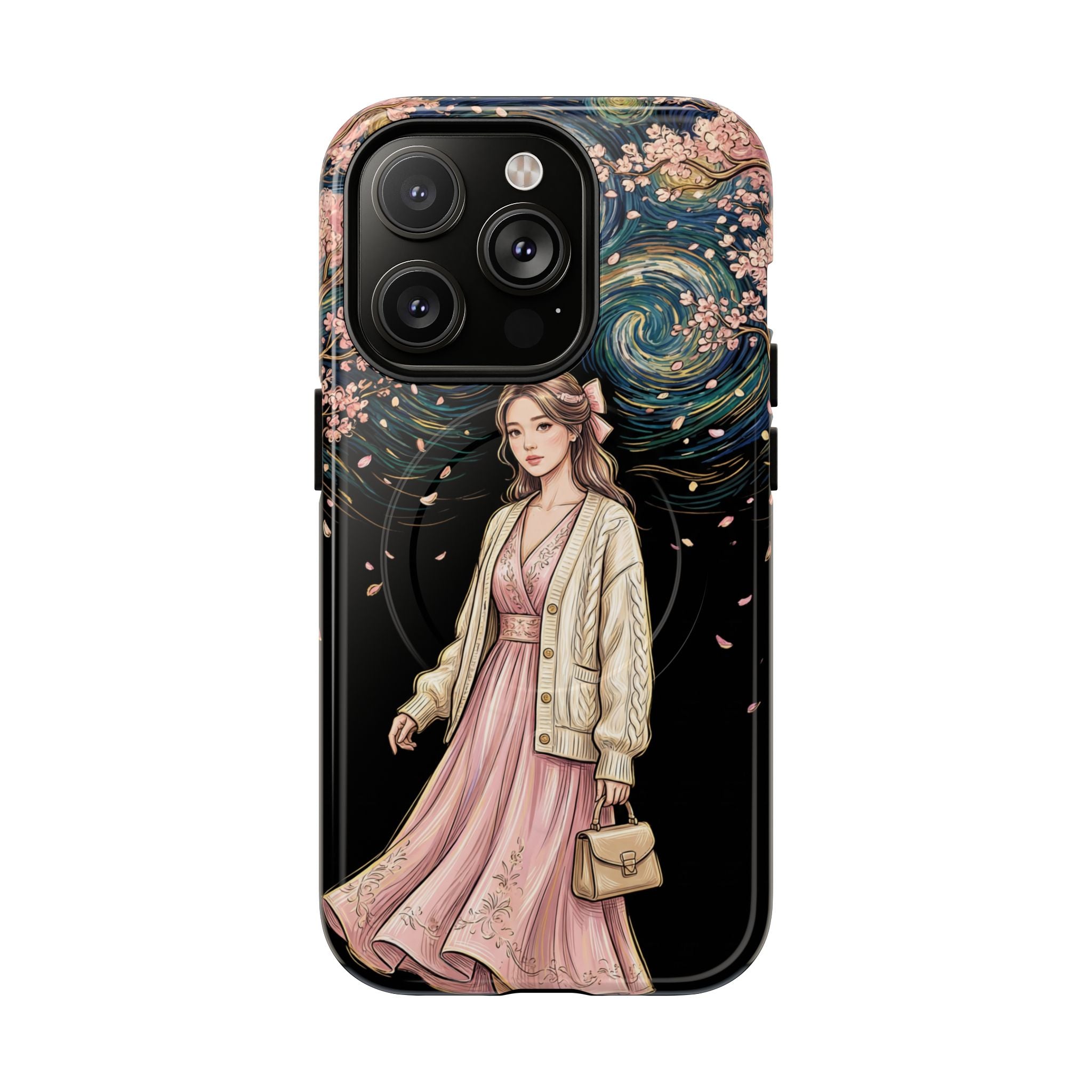 Floral Starry Night MagSafe iPhone Case | Elegant Girl in Pink Dress