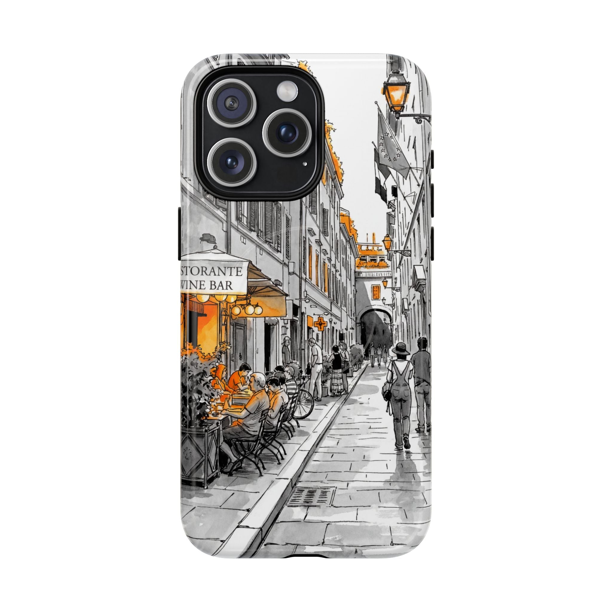 Custodia per iPhone con scena di strada in Italia | Custodia MagSafe resistente con dettagli arancioni