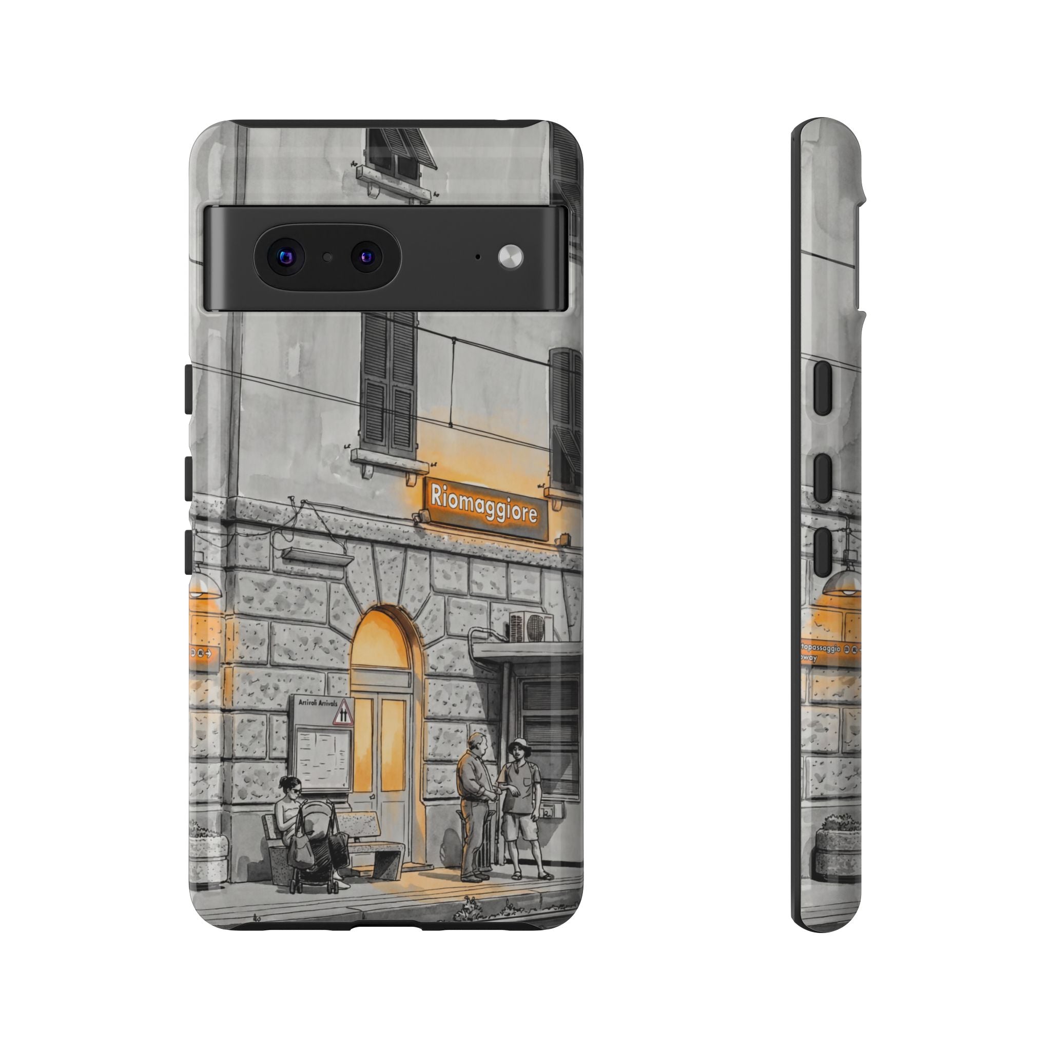Cinque Terre Train Station Google Pixel Case | Black & White Sketch with Warm Yellow Accents