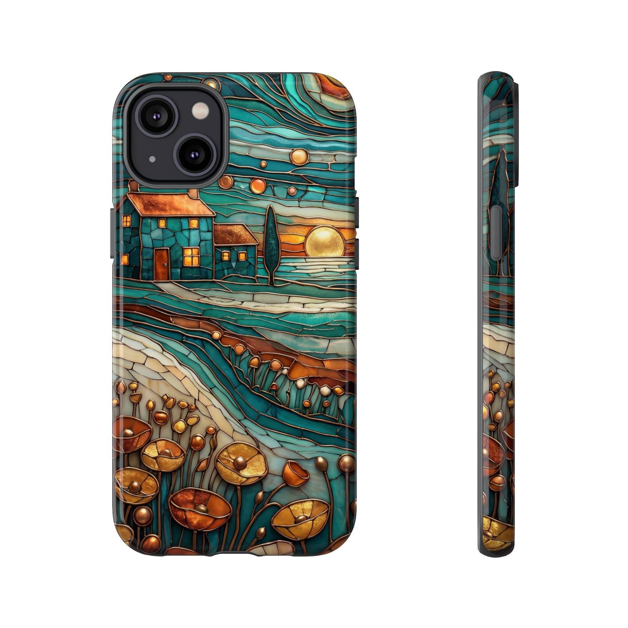 Artistic Sunset Cottage iPhone Case | Whimsical Floral Landscape Protective Cover