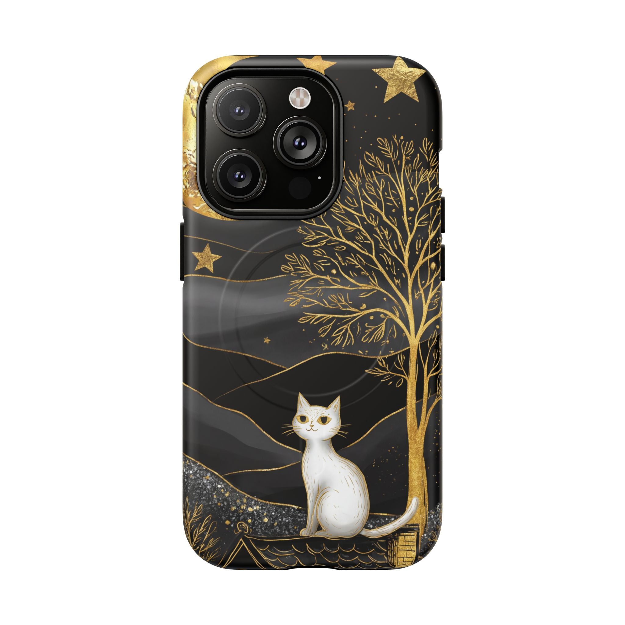 Custodia per iPhone Moonlit Cat | Custodia resistente MagSafe nera e oro