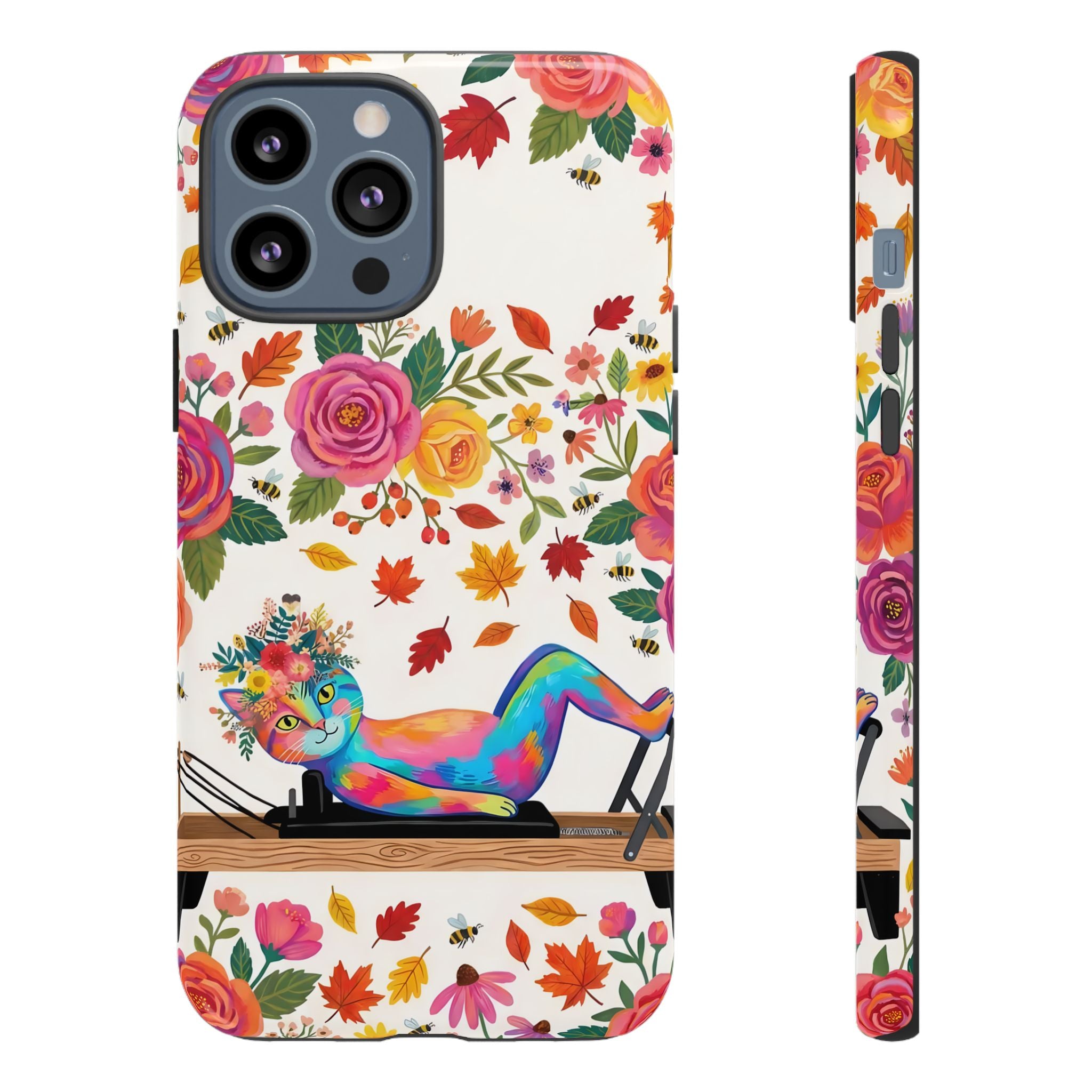 Autumn Floral Pilates iPhone Case | Colorful Rainbow Pilates Cat on Falling Leaves