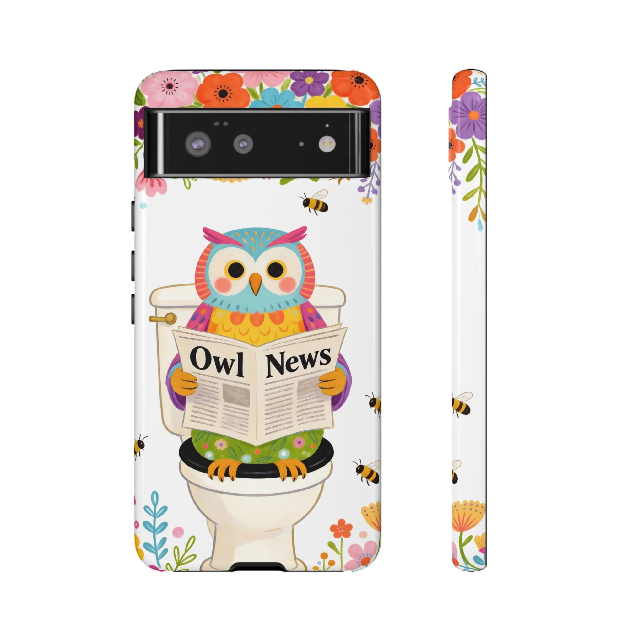 Owl News Floral Google Pixel Phone Case | Cute Owl Reading Newspaper on Toilet