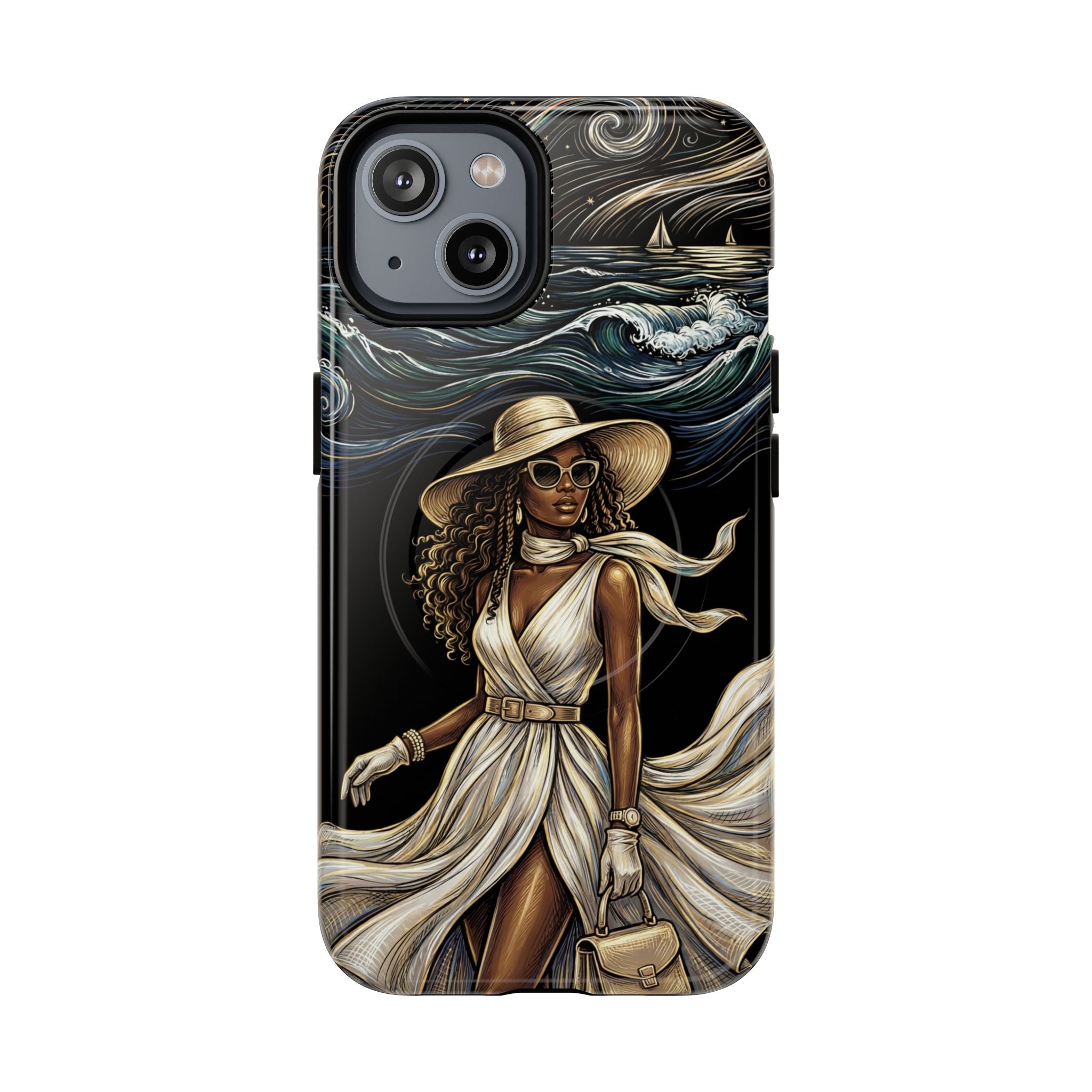 MagSafe iPhone Case | Elegant Black Woman in Flowing Dress by the Sea