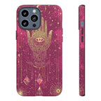 Mystic Hamsa iPhone Case | Gold Palm & All-Seeing Eye on Magenta Galaxy