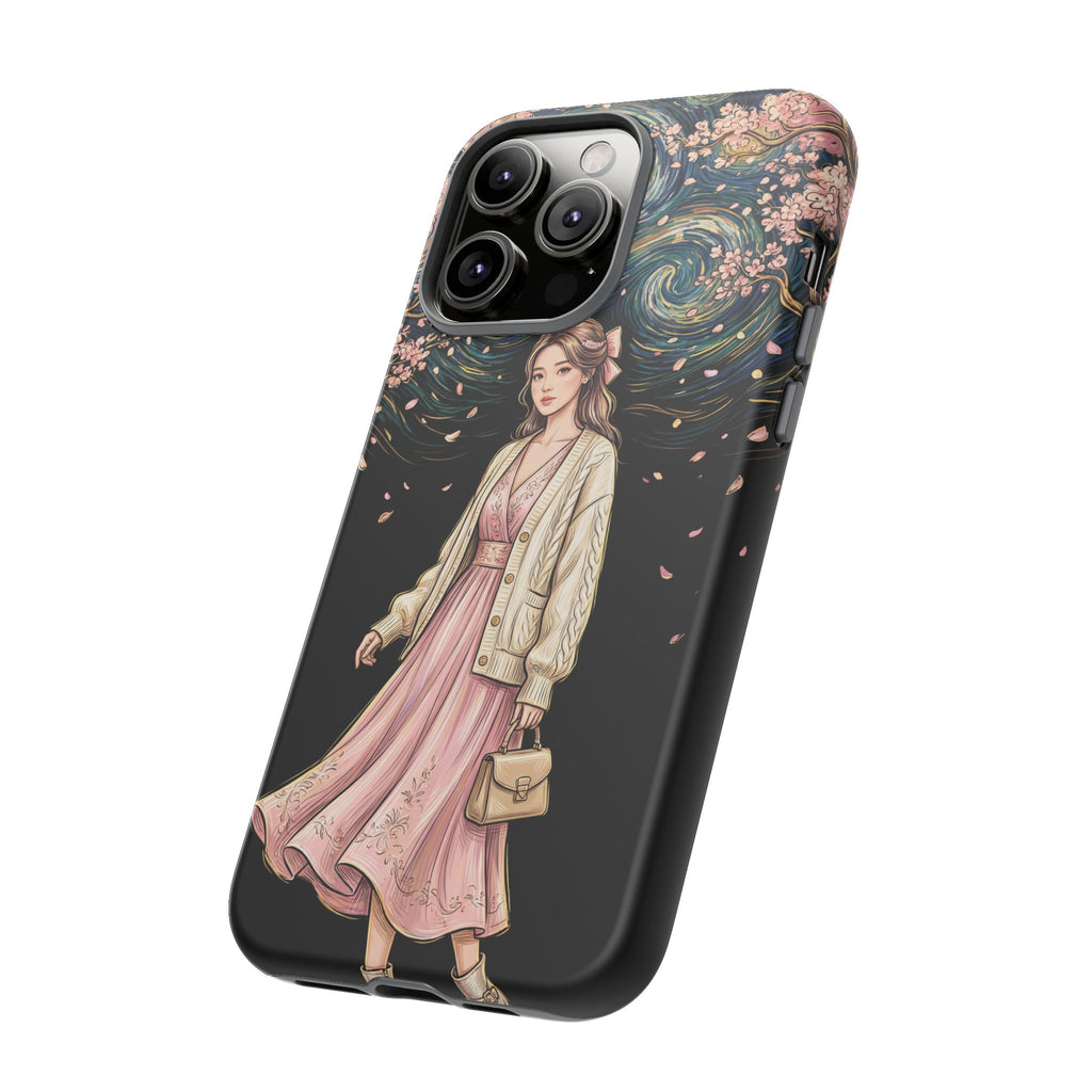 Floral Starry Night iPhone Case | Elegant Girl in Pink Dress