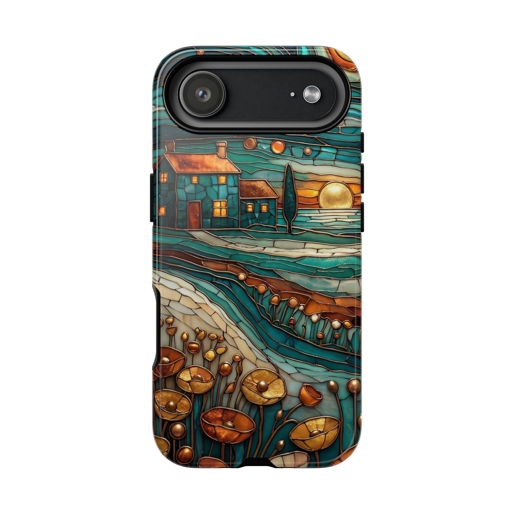 Artistic Sunset Cottage iPhone Case | Whimsical Floral Landscape Protective Cover