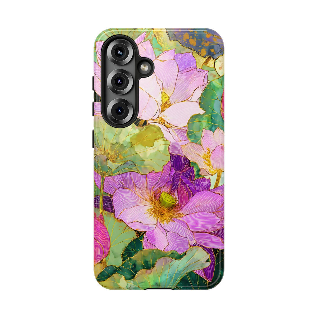 Custodia Protettiva Resistente per Telefono Samsung Galaxy con Acquerello Floreale | Cover Protettiva Giardino di Loto Rosa