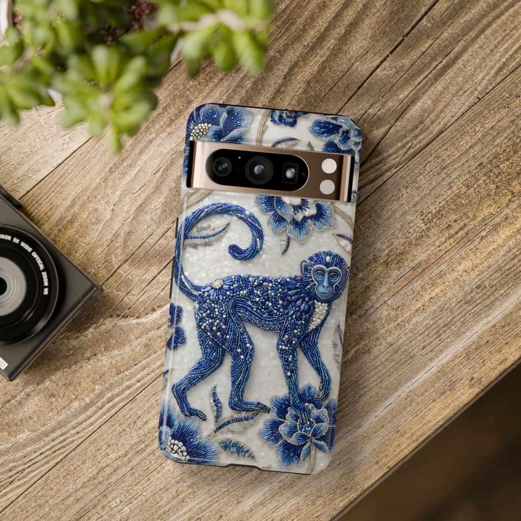 Custodia per telefono Google Pixel Scimmia Zodiaco Asiatico | Custodia protettiva artistica in porcellana blu e bianca | Regalo Anno della Scimmia