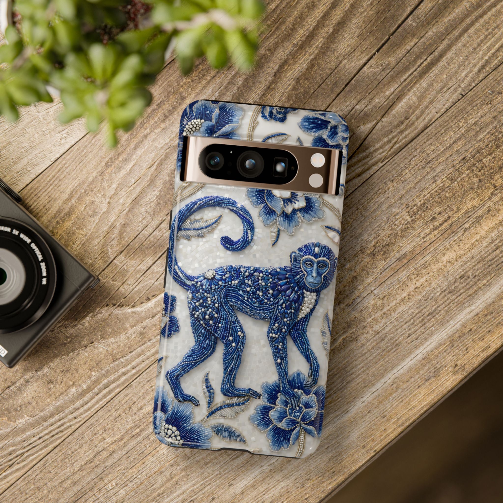 Custodia per telefono Google Pixel Scimmia Zodiaco Asiatico | Custodia protettiva artistica in porcellana blu e bianca | Regalo Anno della Scimmia