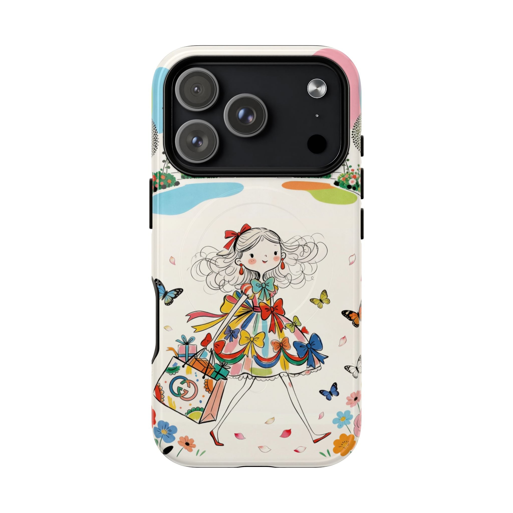 Whimsical Shopping Girl MagSafe iPhone Case | Cute Floral Butterfly Tough Case