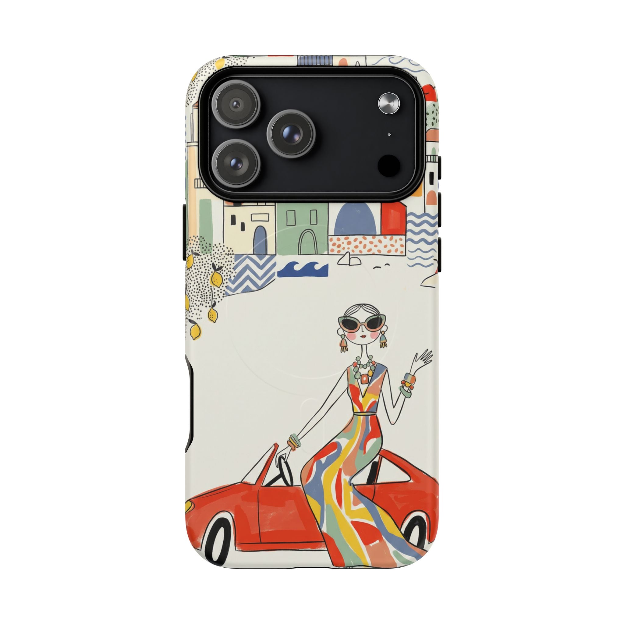 Stylish Riviera MagSafe iPhone Case | Chic Retro Woman in Convertible Design