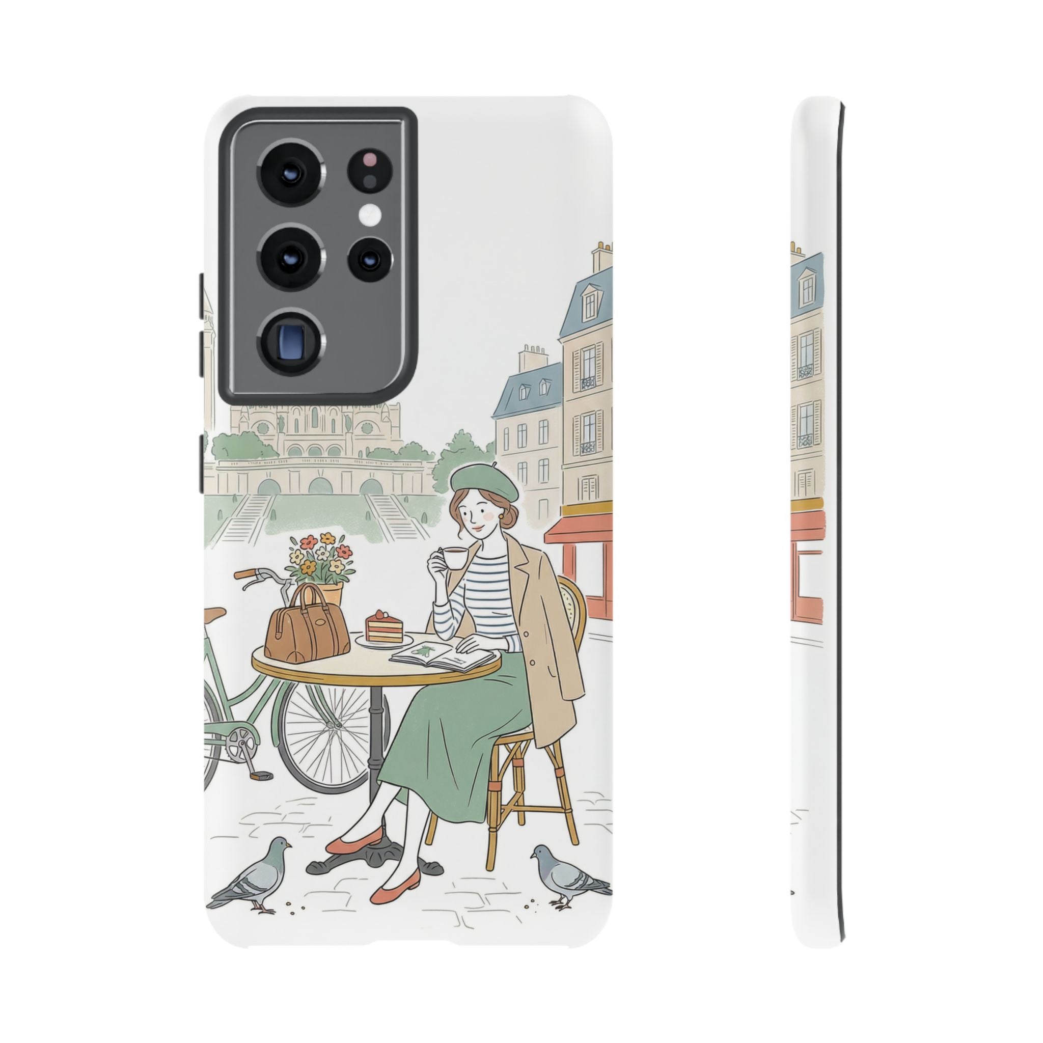 Paris Cafe Illustration Samsung Galaxy Phone Case | Vintage Bicycles & Pigeons Protective Cover