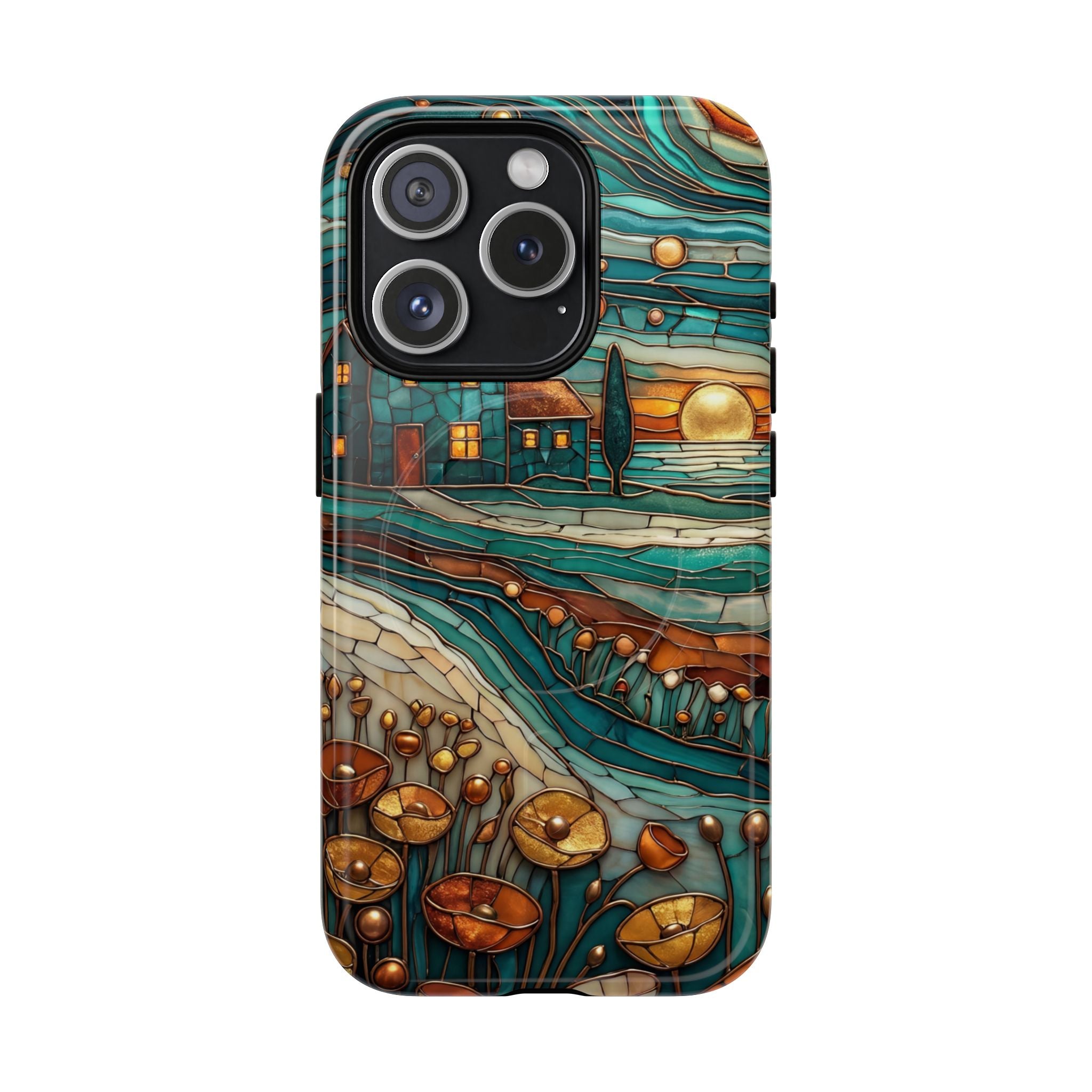 Custodia per telefono MagSafe resistente con paesaggio rustico al tramonto | Custodia protettiva artistica color verde acqua e rame